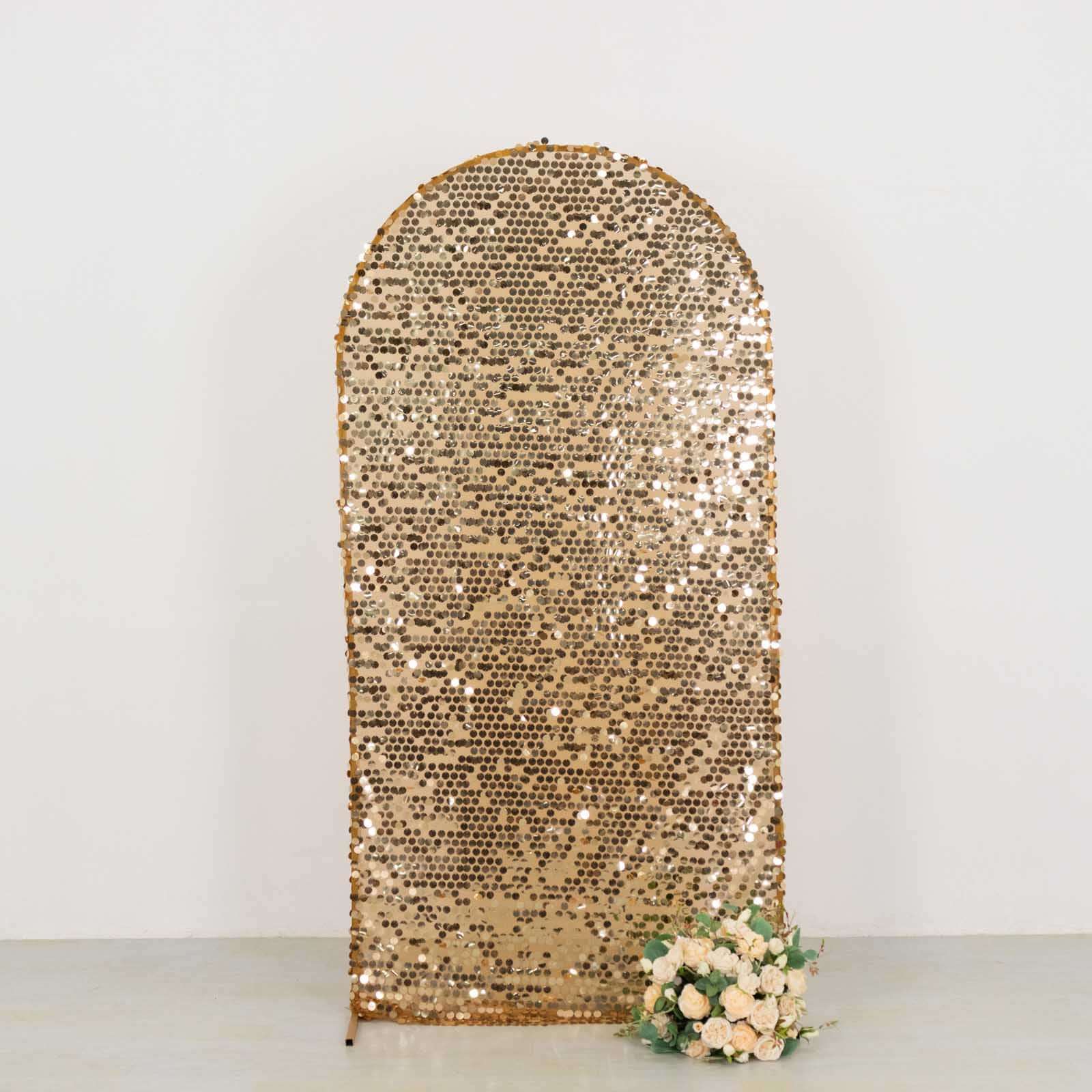 Sparkly Gold Big Payette Sequin Fitted Chiara Backdrop Stand Cover for Round Top Wedding Arch - 7ft - Image 5