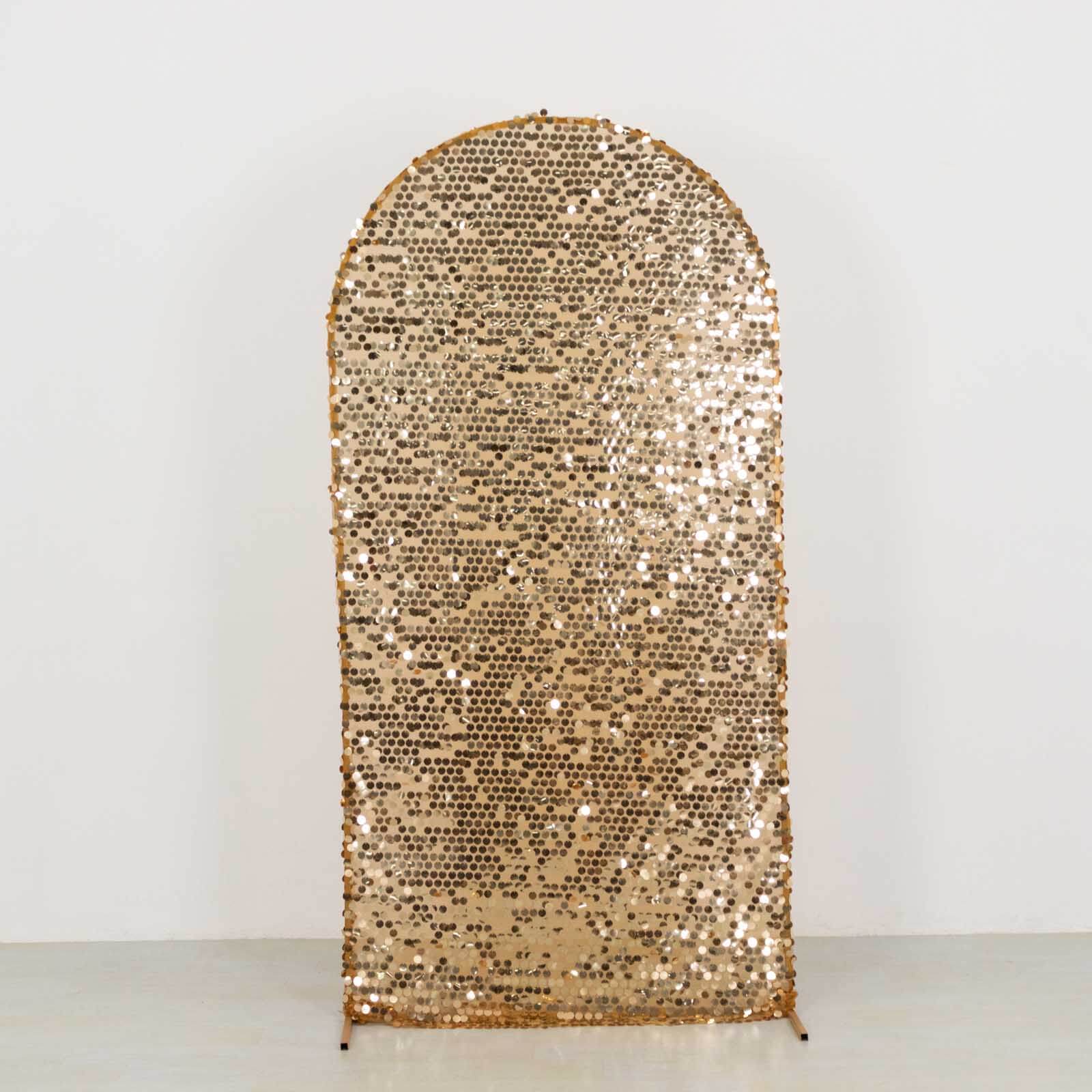 Sparkly Gold Big Payette Sequin Fitted Chiara Backdrop Stand Cover for Round Top Wedding Arch - 7ft - Image 6