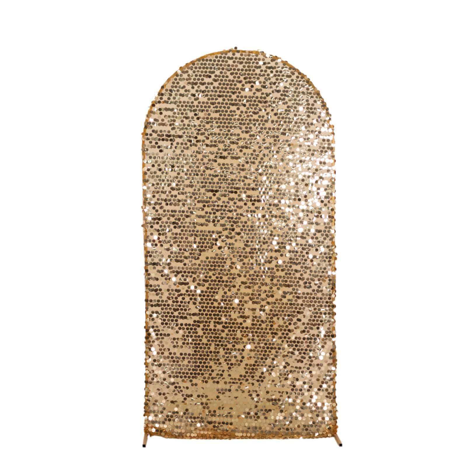 Sparkly Gold Big Payette Sequin Fitted Chiara Backdrop Stand Cover for Round Top Wedding Arch - 7ft - Image 7