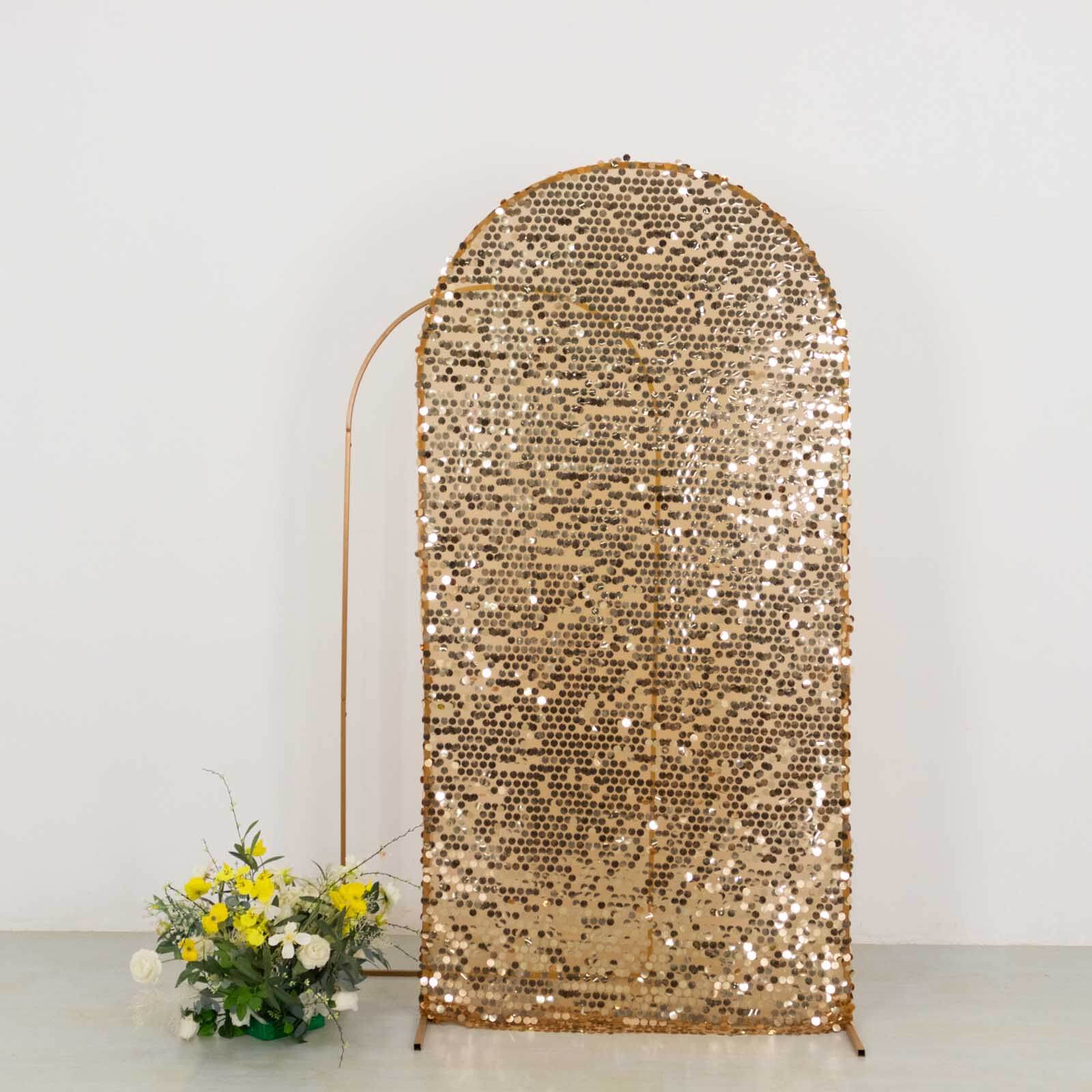 Sparkly Gold Big Payette Sequin Fitted Chiara Backdrop Stand Cover for Round Top Wedding Arch - 7ft - Image 8