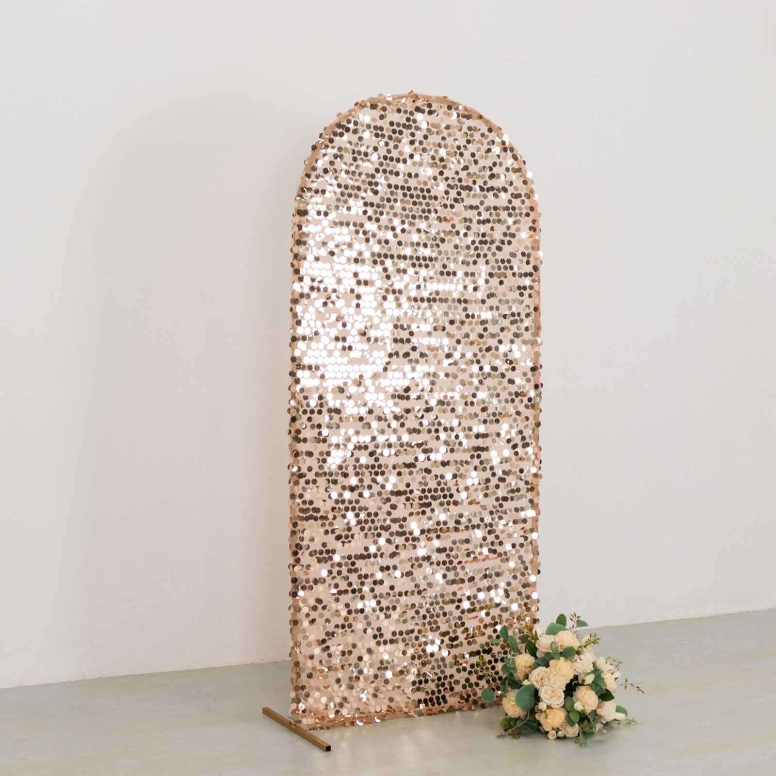 Sparkly Rose Gold Big Payette Sequin Fitted Chiara Backdrop Stand Cover for Round Top Wedding Arch - 6ft - Image 2