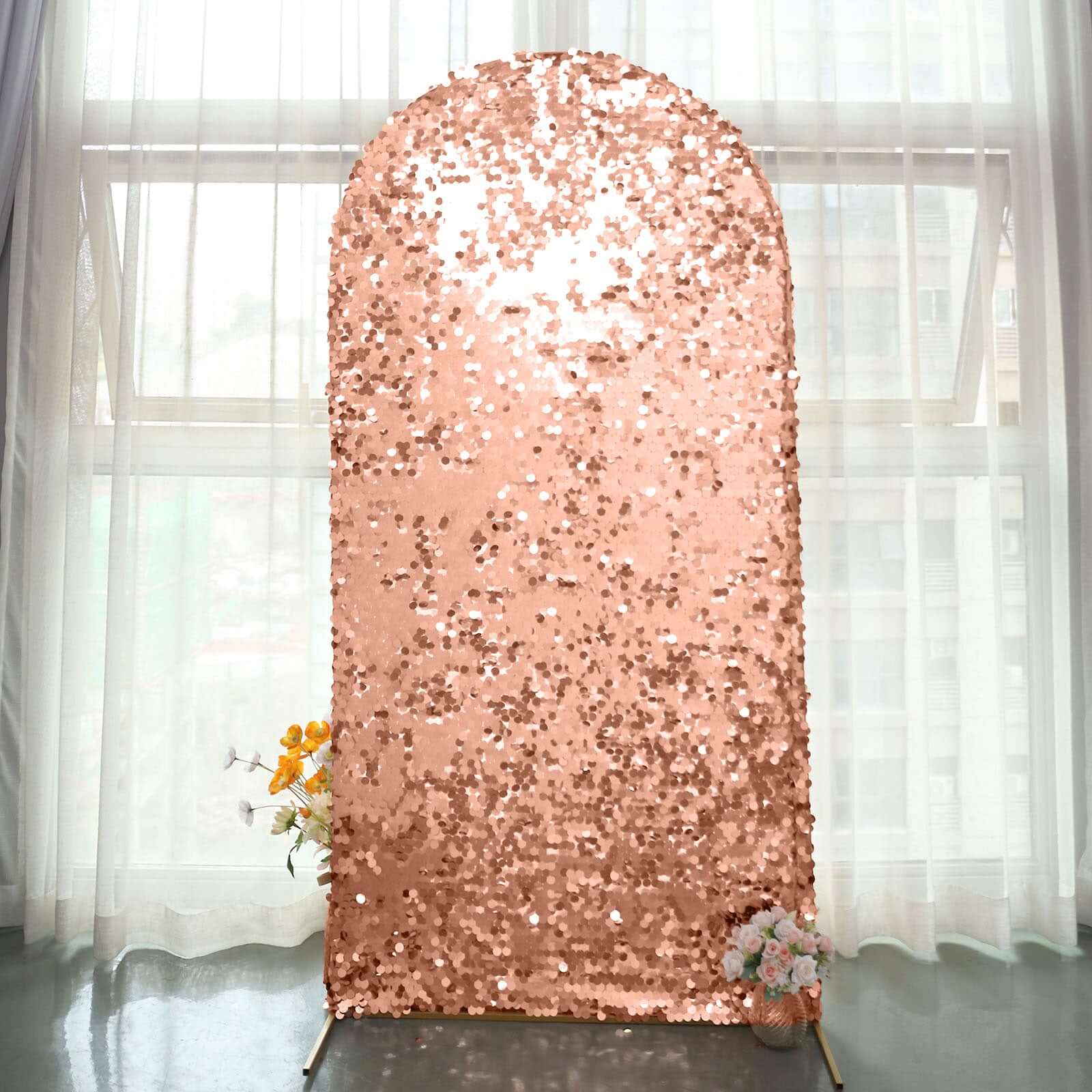 Sparkly Rose Gold Double Sided Big Payette Sequin Fitted Wedding Arch Cover For Round Top Chiara Backdrop Stand 7ft - Image 7