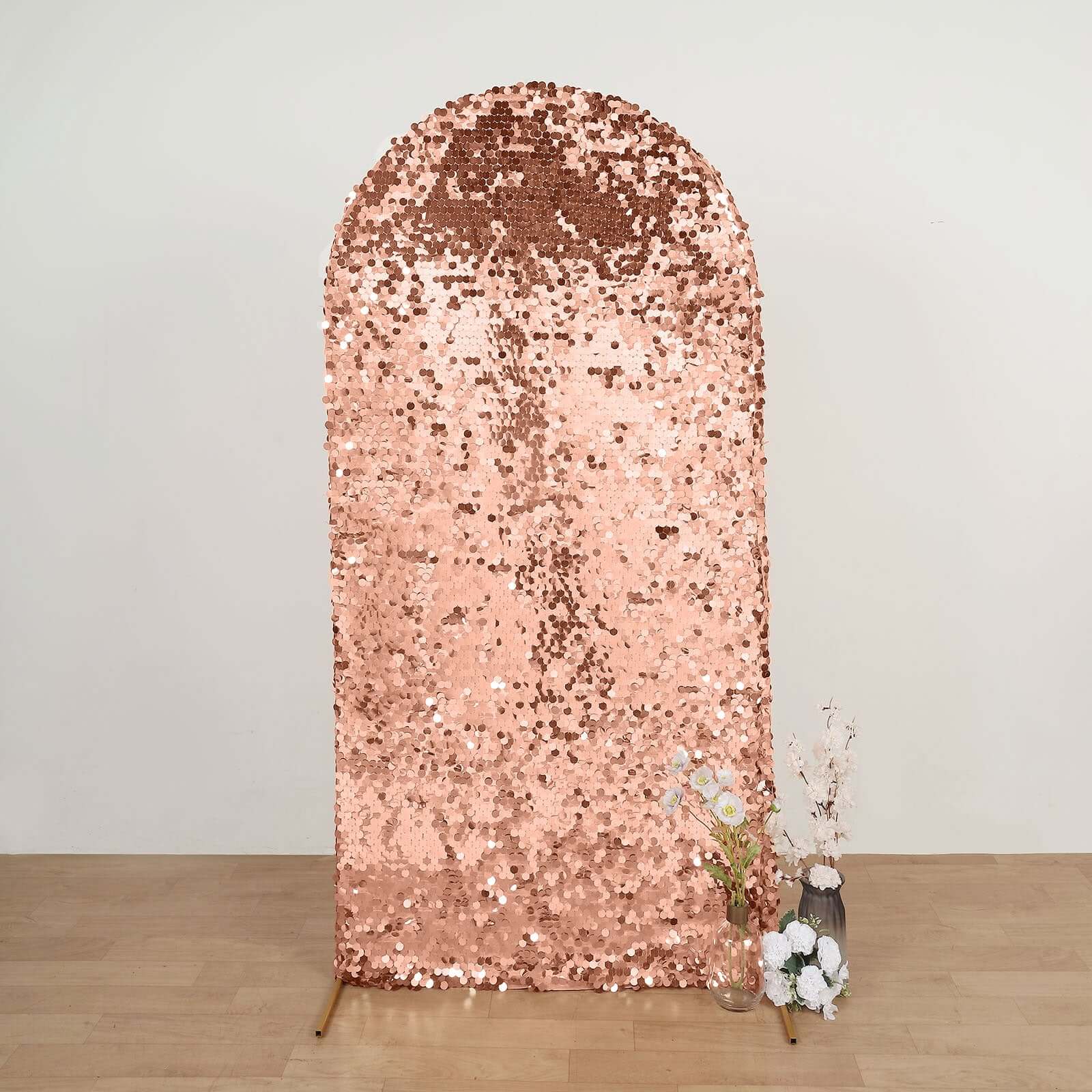 Sparkly Rose Gold Double Sided Big Payette Sequin Fitted Wedding Arch Cover For Round Top Chiara Backdrop Stand 7ft - Image 8