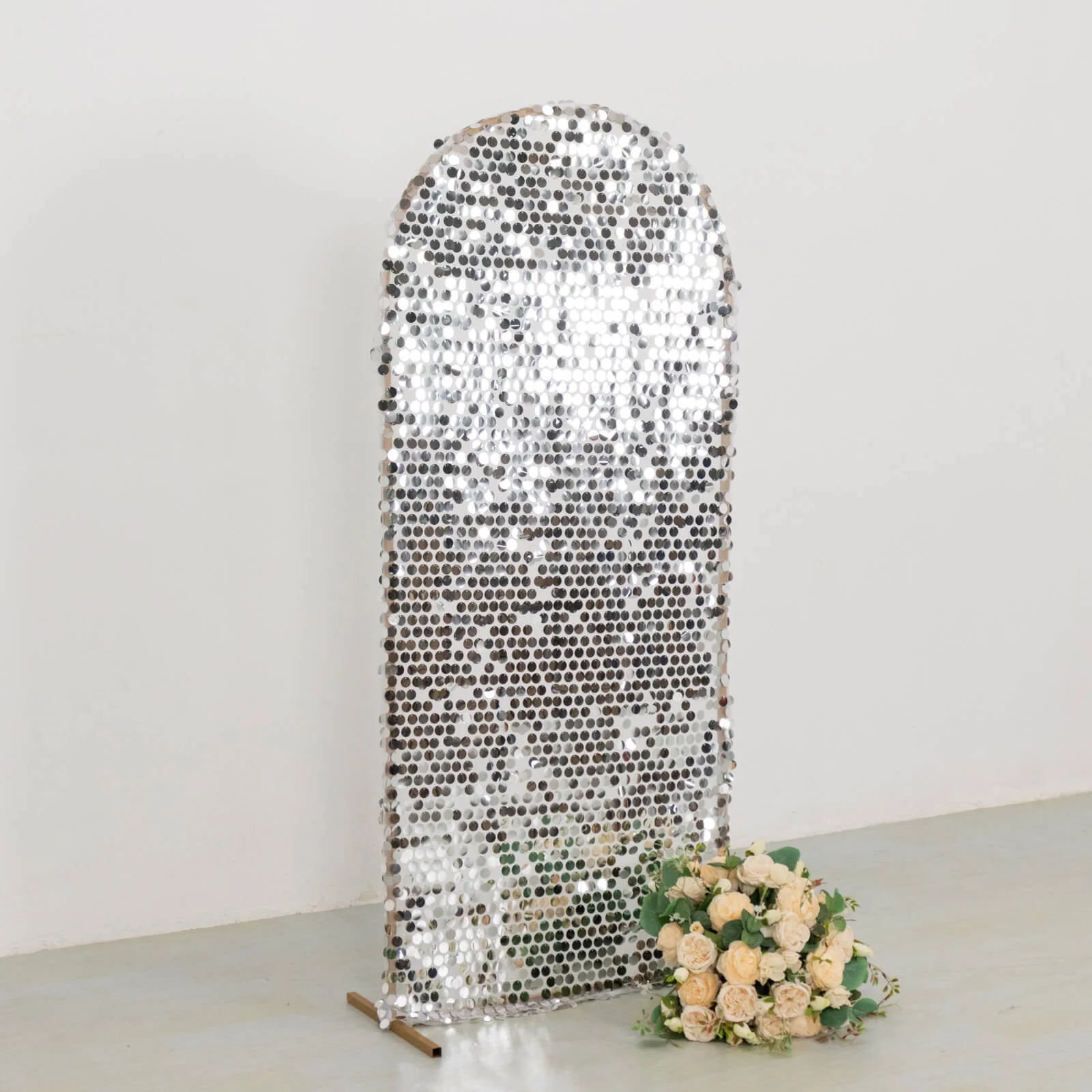 Sparkly Silver Big Payette Sequin Fitted Chiara Backdrop Stand Cover for Round Top Wedding Arch - 5ft - Image 2