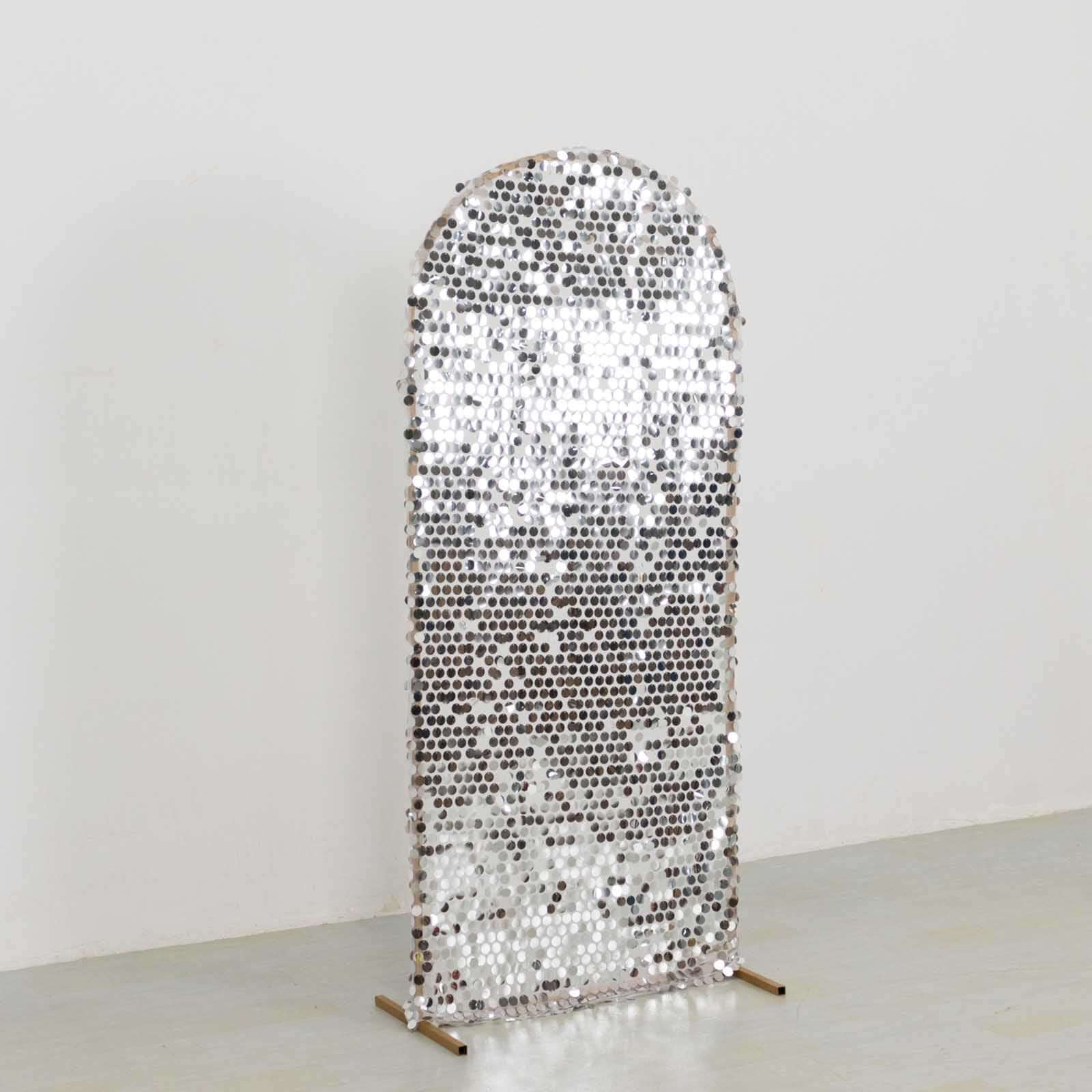 Sparkly Silver Big Payette Sequin Fitted Chiara Backdrop Stand Cover for Round Top Wedding Arch - 5ft - Image 3