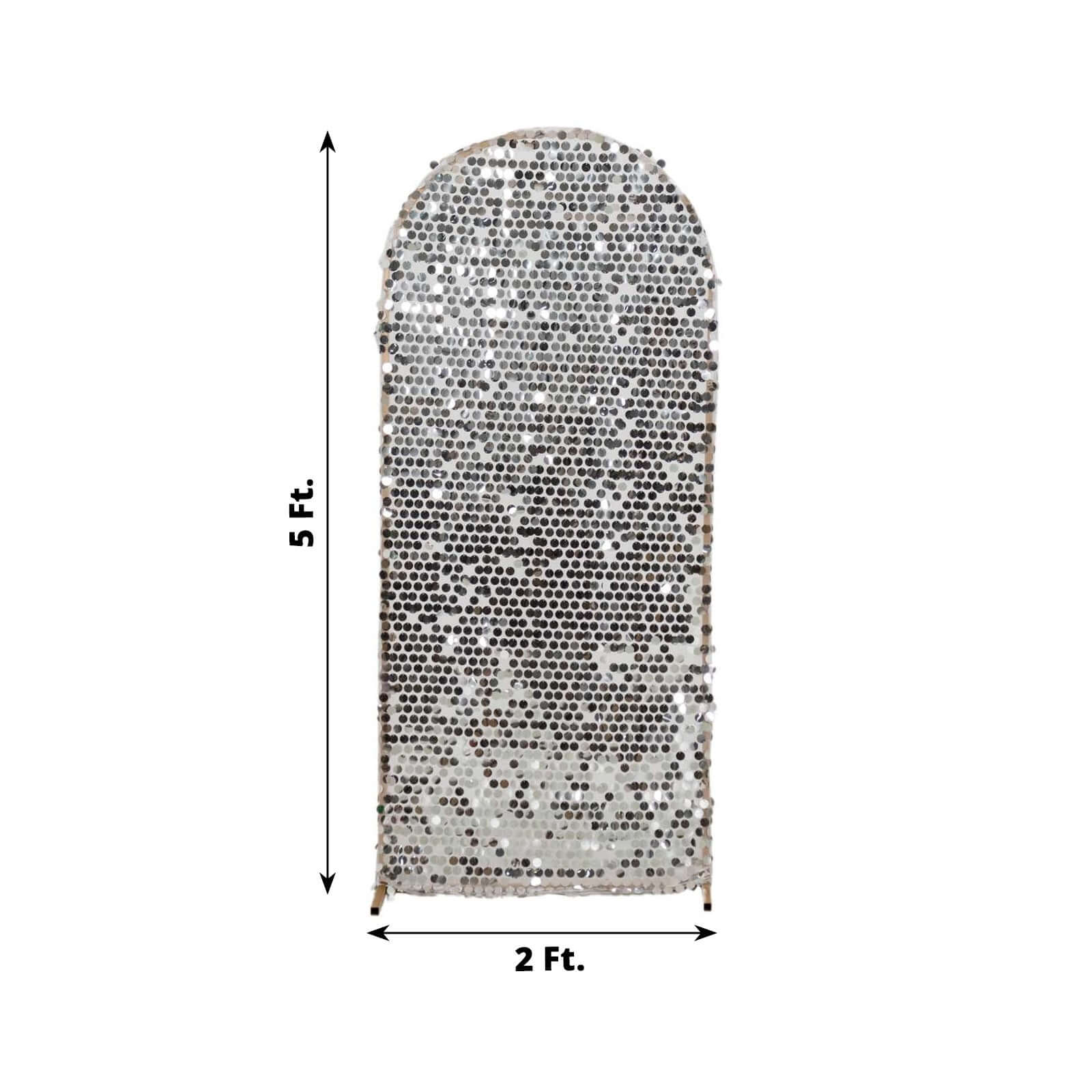 Sparkly Silver Big Payette Sequin Fitted Chiara Backdrop Stand Cover for Round Top Wedding Arch - 5ft - Image 4