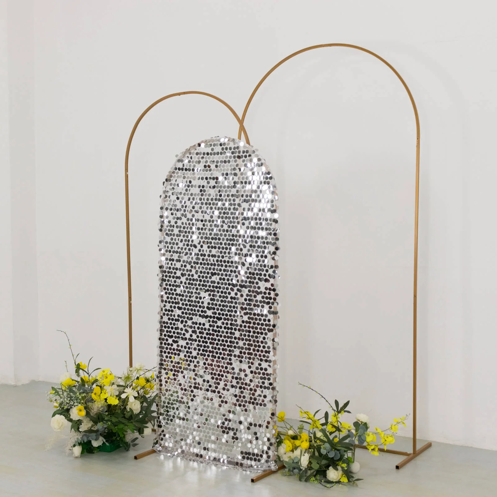 Sparkly Silver Big Payette Sequin Fitted Chiara Backdrop Stand Cover for Round Top Wedding Arch - 5ft - Image 5
