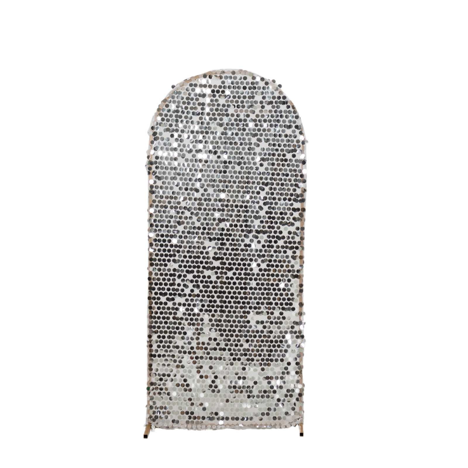Sparkly Silver Big Payette Sequin Fitted Chiara Backdrop Stand Cover for Round Top Wedding Arch - 5ft - Image 7