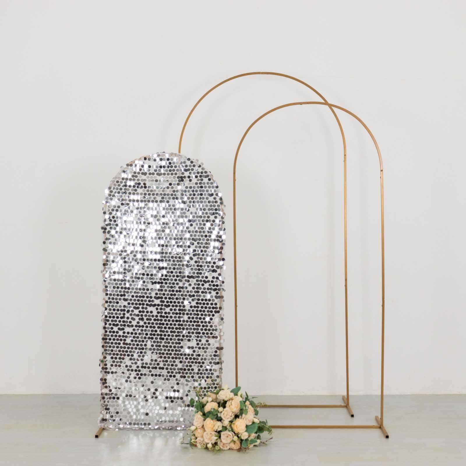 Sparkly Silver Big Payette Sequin Fitted Chiara Backdrop Stand Cover for Round Top Wedding Arch - 5ft - Image 9