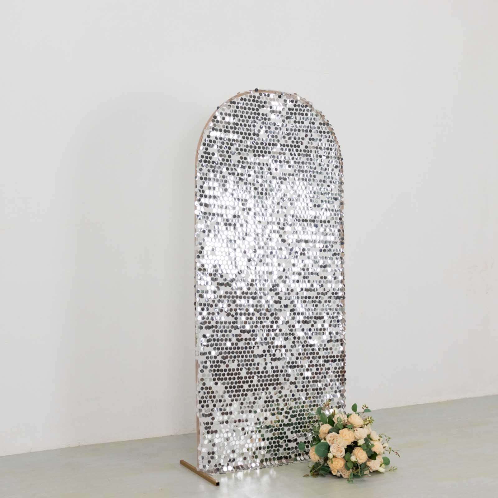 Sparkly Silver Big Payette Sequin Fitted Chiara Backdrop Stand Cover for Round Top Wedding Arch - 6ft - Image 2