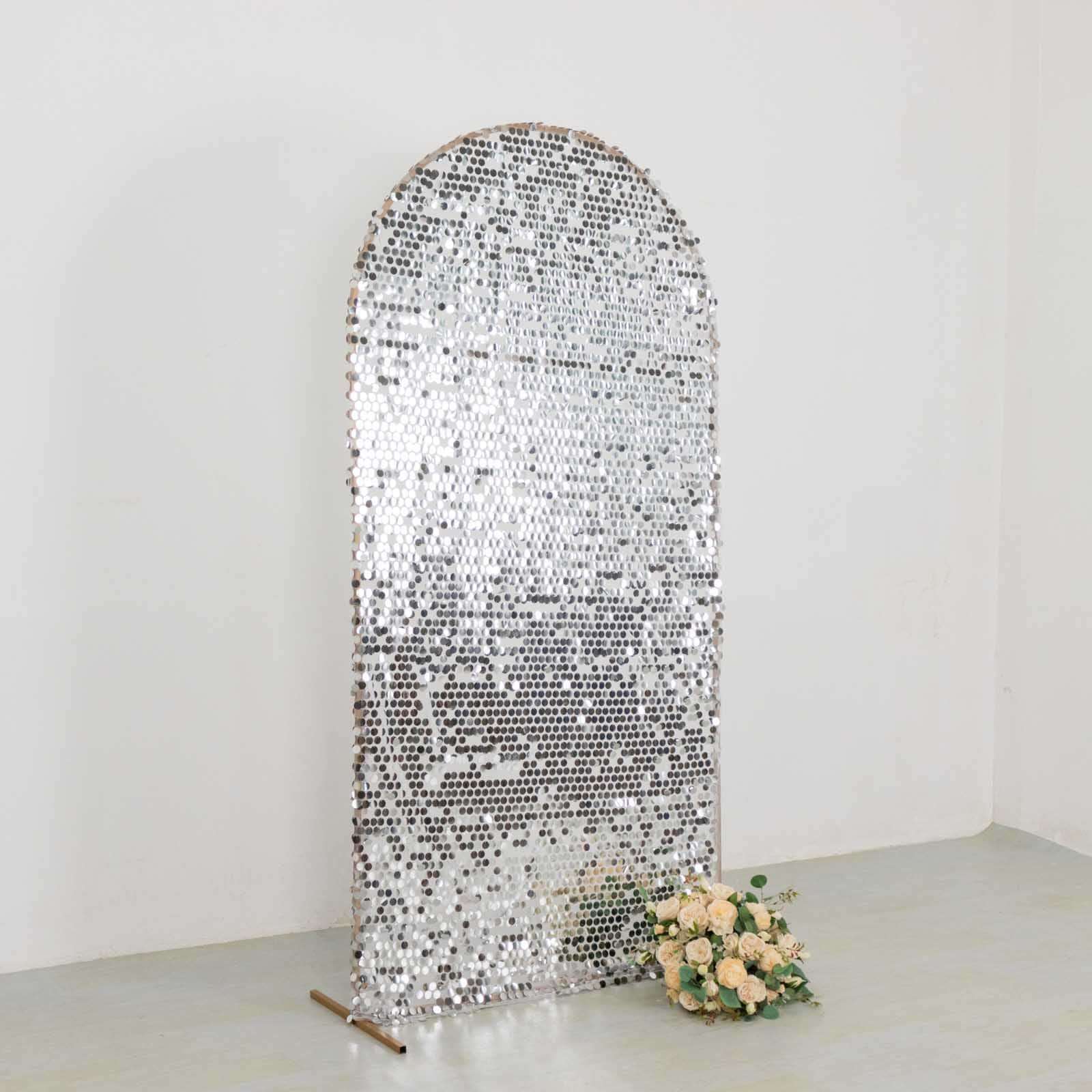 Sparkly Silver Big Payette Sequin Fitted Chiara Backdrop Stand Cover for Round Top Wedding Arch - 7ft - Image 2