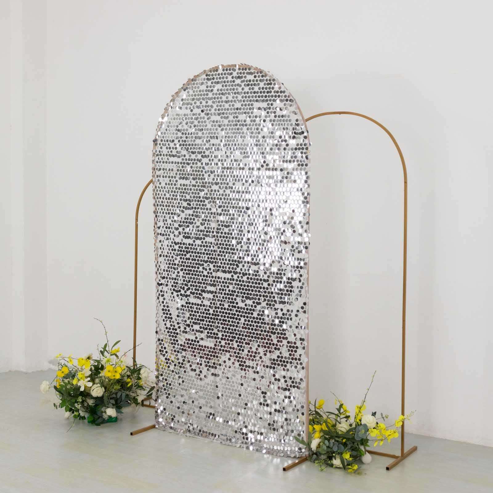Sparkly Silver Big Payette Sequin Fitted Chiara Backdrop Stand Cover for Round Top Wedding Arch - 7ft - Image 4