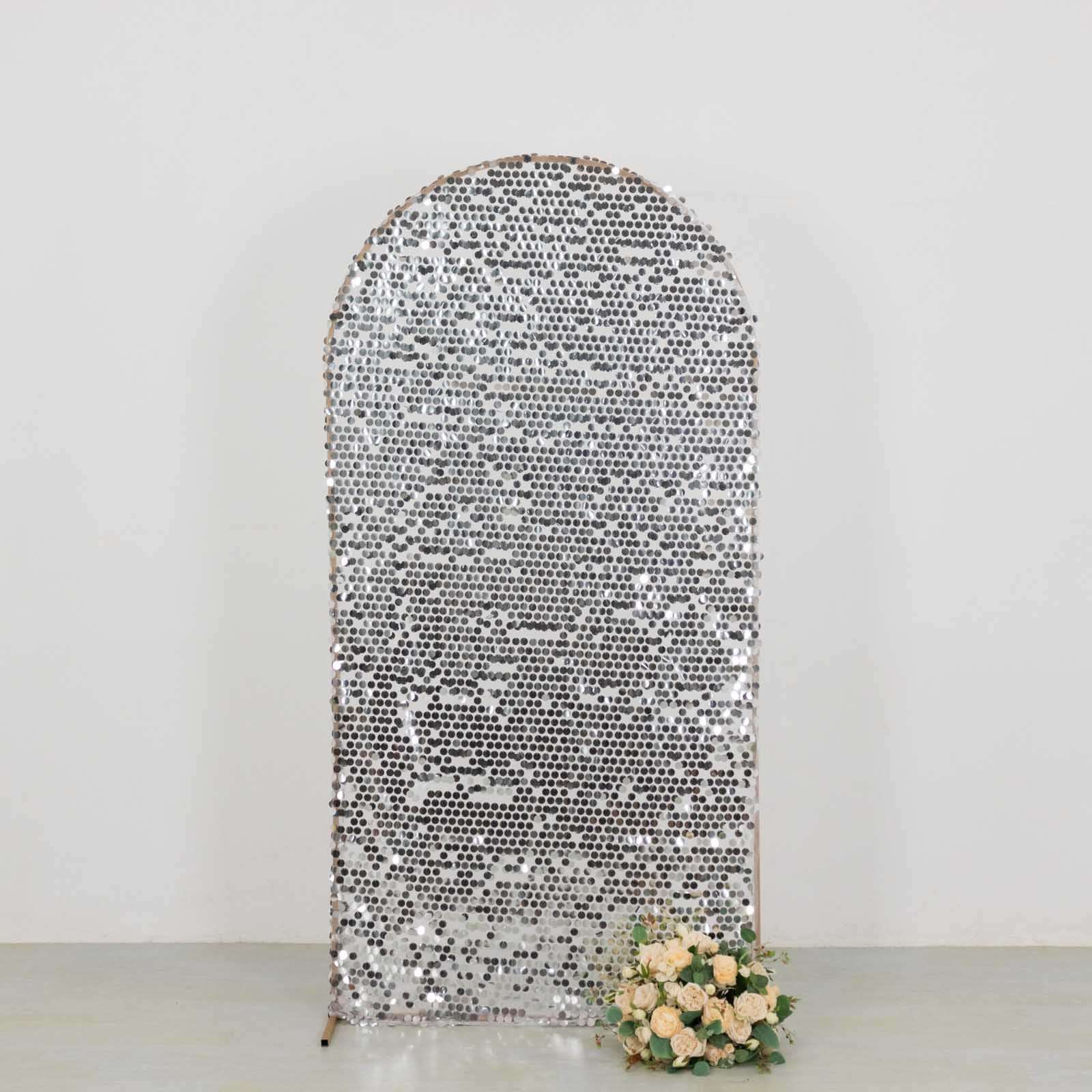 Sparkly Silver Big Payette Sequin Fitted Chiara Backdrop Stand Cover for Round Top Wedding Arch - 7ft - Image 5