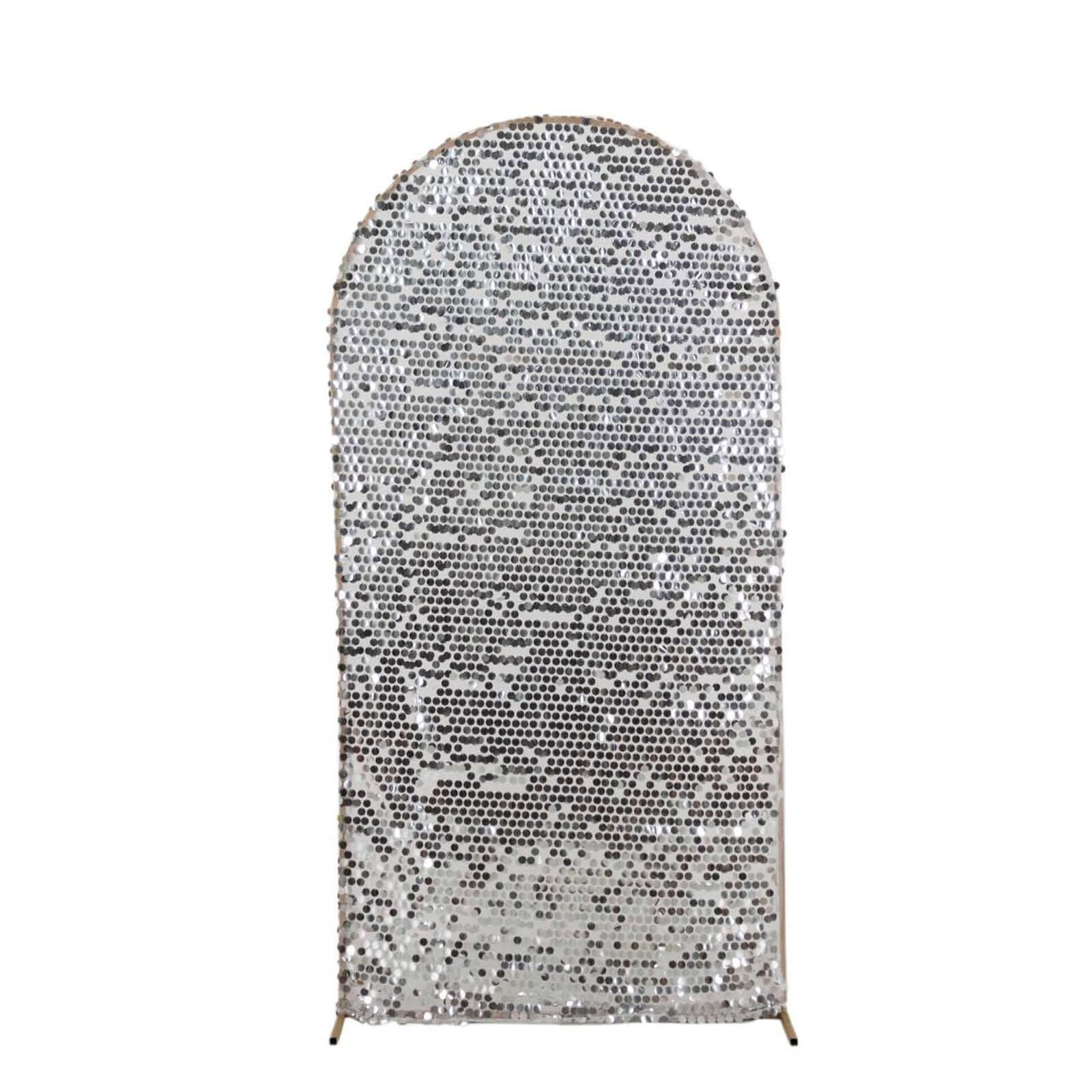 Sparkly Silver Big Payette Sequin Fitted Chiara Backdrop Stand Cover for Round Top Wedding Arch - 7ft - Image 7