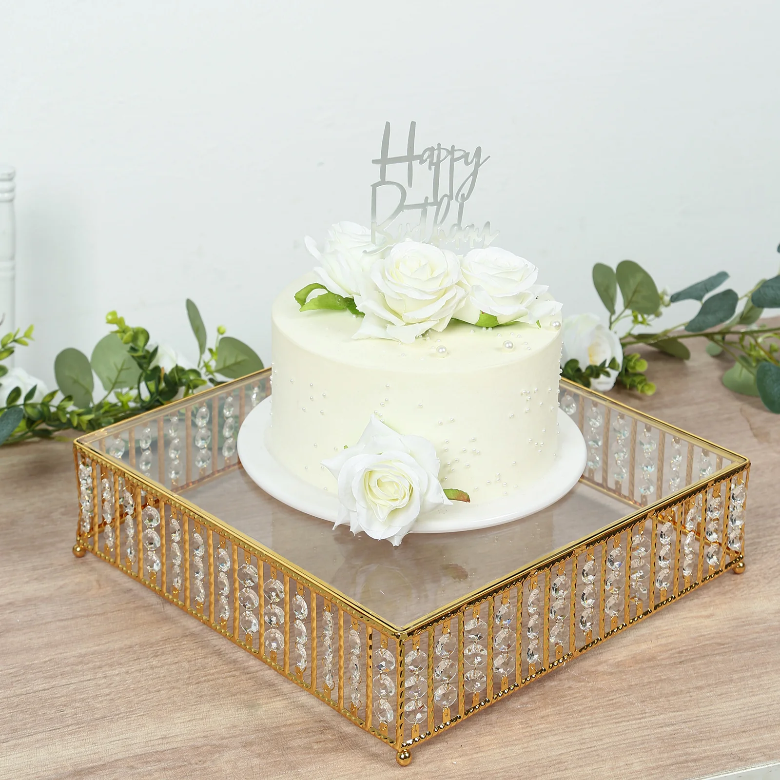 Square Crystal Cake Stand with Hanging Beads and Glass Top – 14" Gold Metal Dessert Display Tray