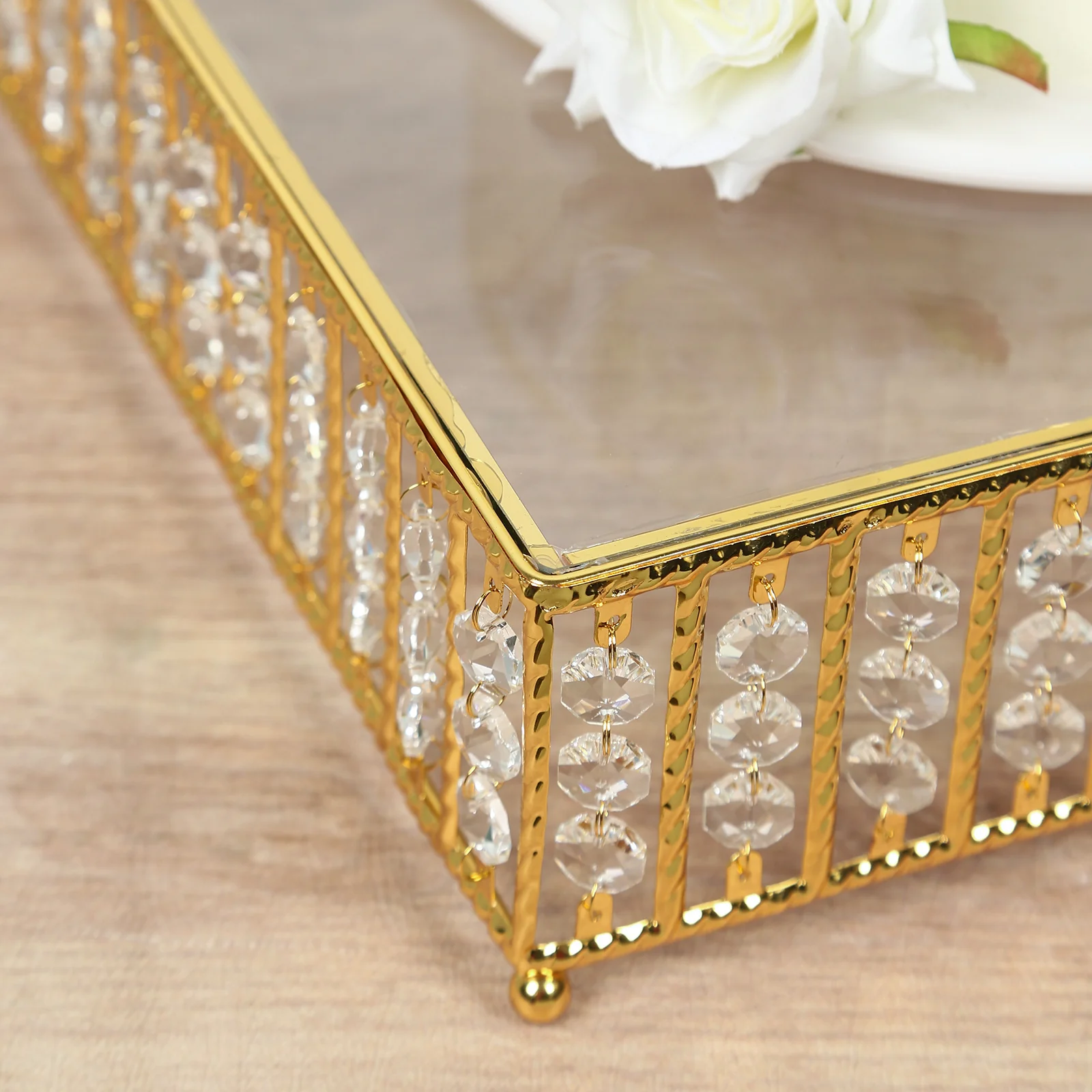 Square Crystal Cake Stand with Hanging Beads and Glass Top – 14" Gold Metal Dessert Display Tray - Image 6