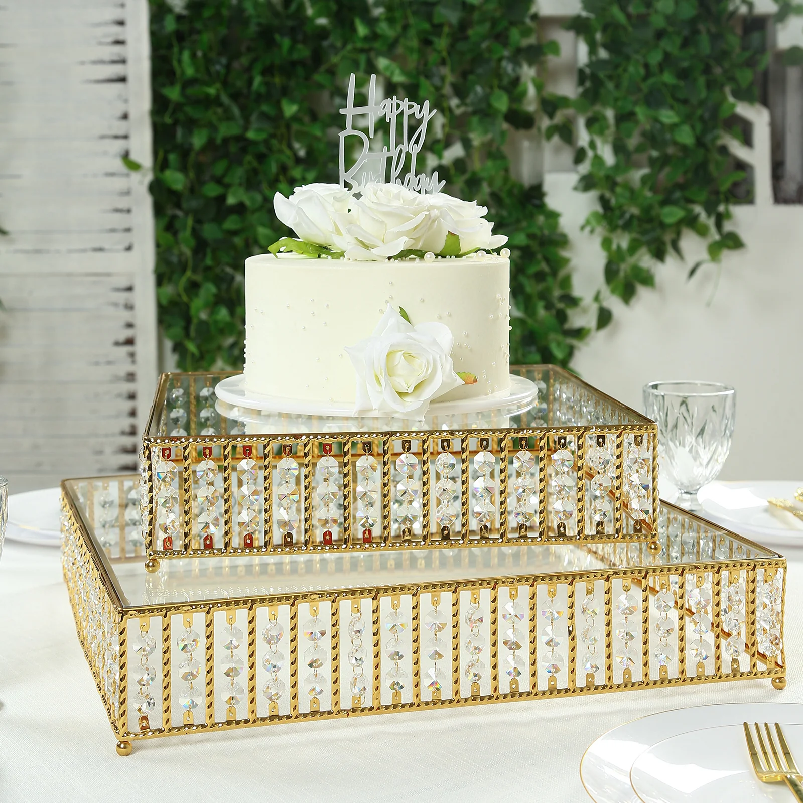 Square Crystal Cake Stand with Hanging Beads and Glass Top – 14" Gold Metal Dessert Display Tray - Image 8