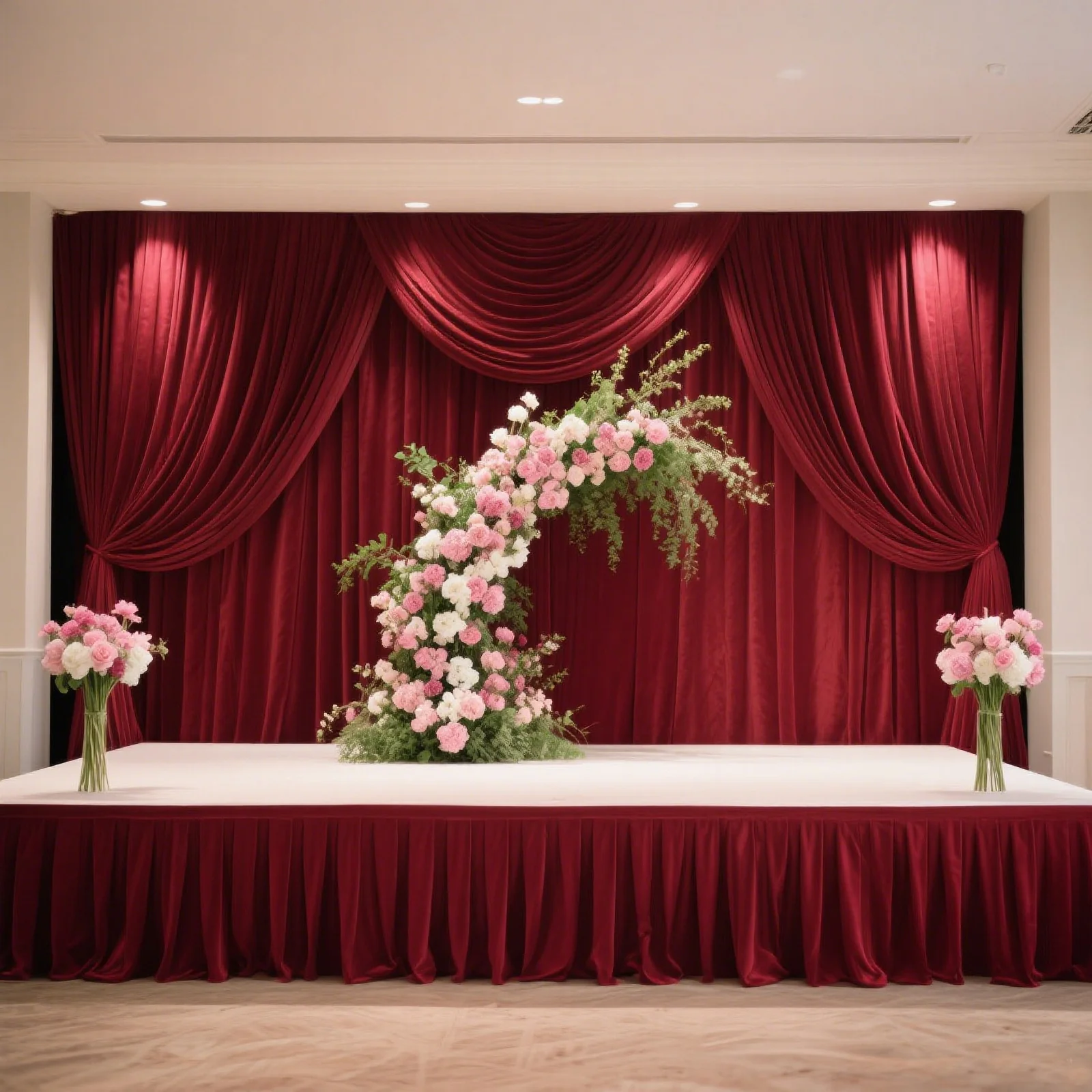Portable Stage Skirting Polyester Shirred Pleat Stage Cover for Wedding Platform Burgundy - 24"x20ft