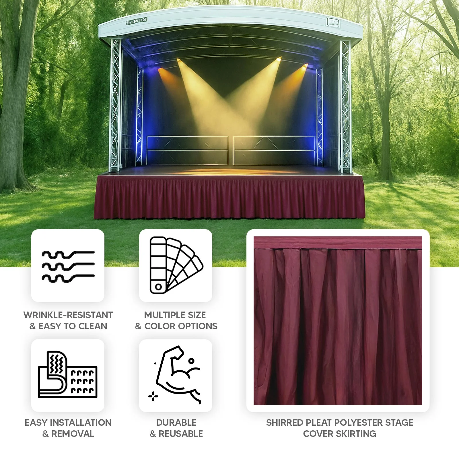Portable Stage Skirting Polyester Shirred Pleat Stage Cover for Wedding Platform Burgundy - 24"x20ft - Image 4