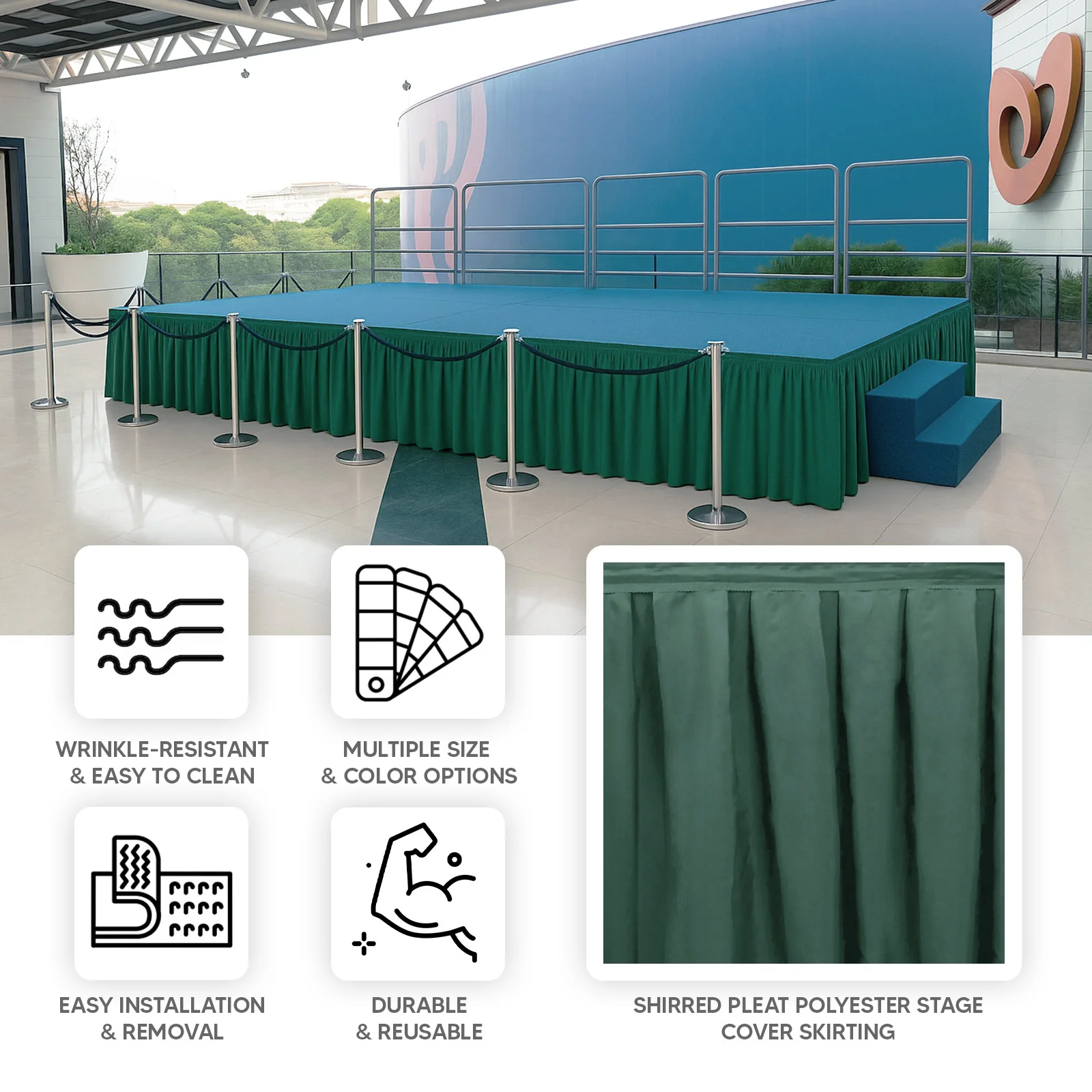 Portable Stage Skirting Polyester Shirred Pleat Stage Cover for Wedding Platform Hunter Emerald Green - 24"x20ft - Image 5