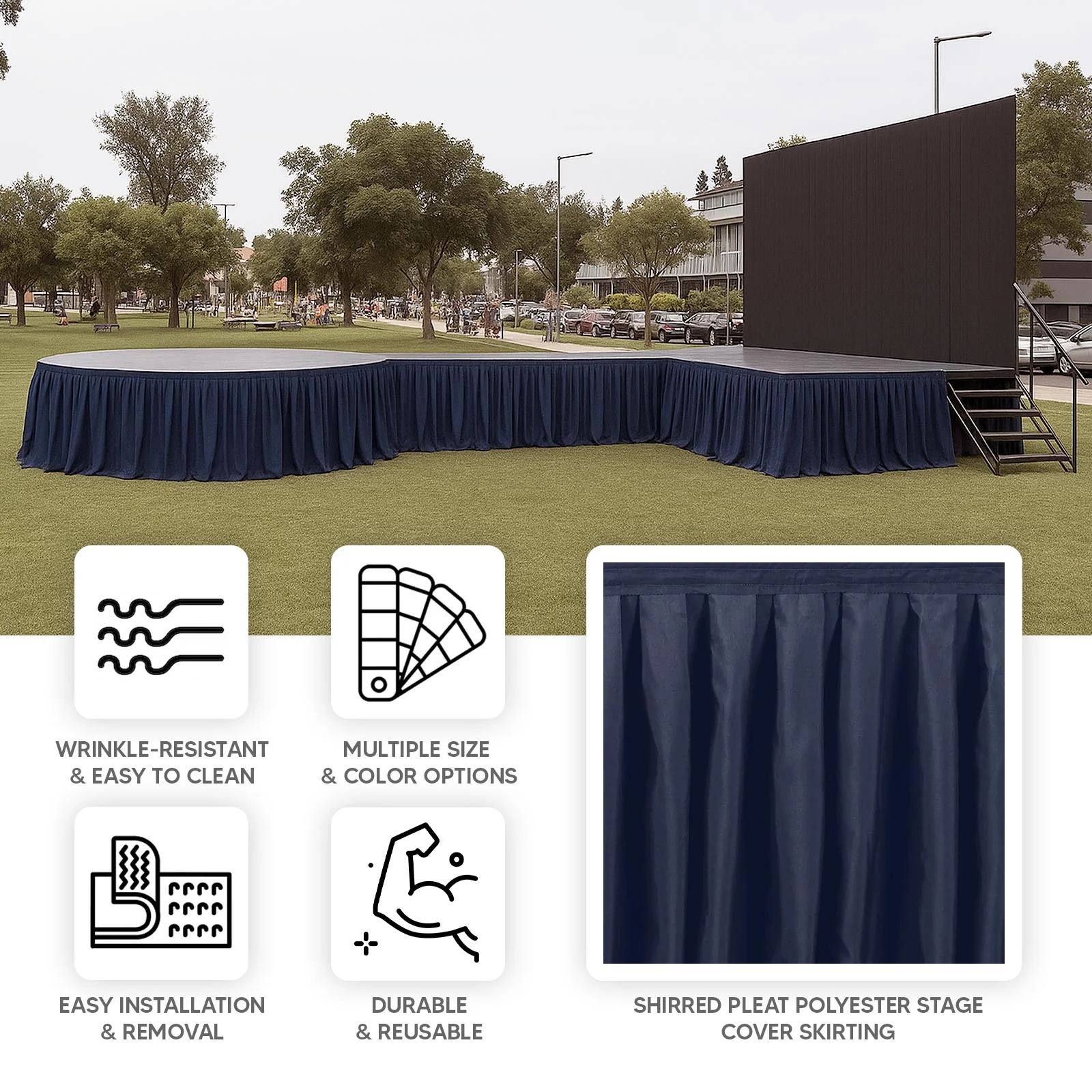 Portable Stage Skirting Polyester Shirred Pleat Stage Cover for Wedding Platform Navy Blue - 48"x20ft - Image 4