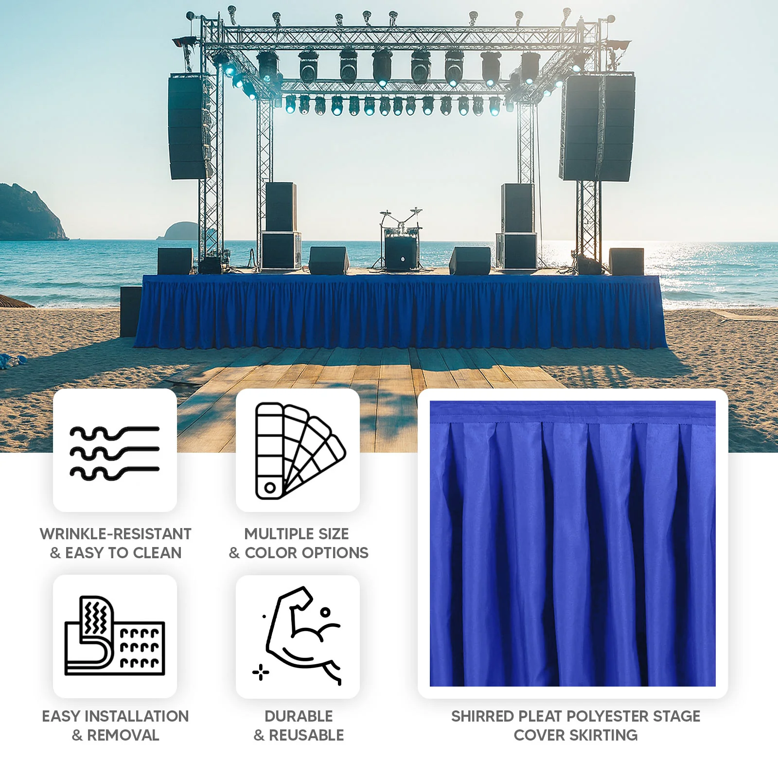 Portable Stage Skirting Polyester Shirred Pleat Stage Cover for Wedding Platform Royal Blue - 36"x20ft - Image 4