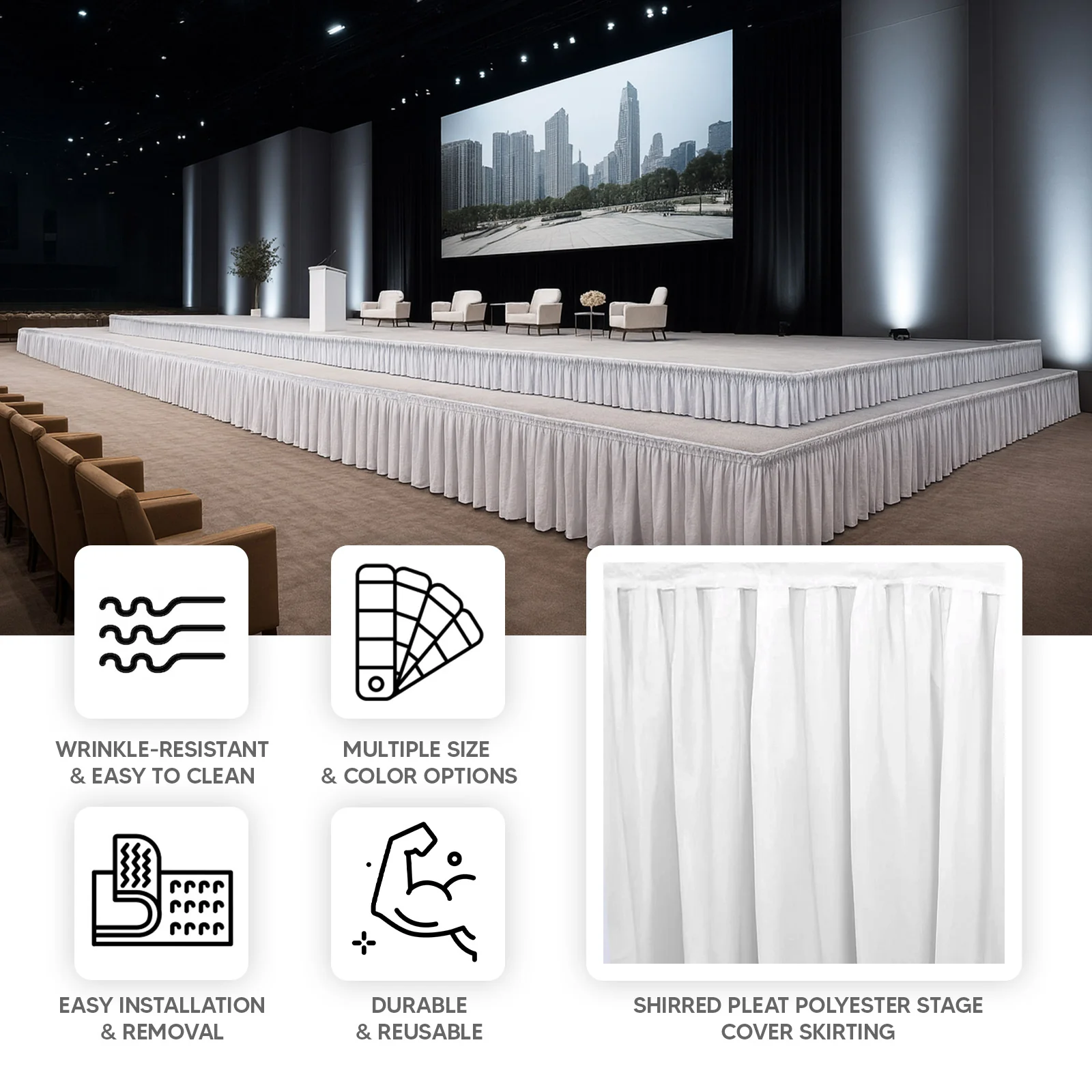 Portable Stage Skirting Polyester Shirred Pleat Stage Cover for Wedding Platform White - 16"x10ft - Image 4