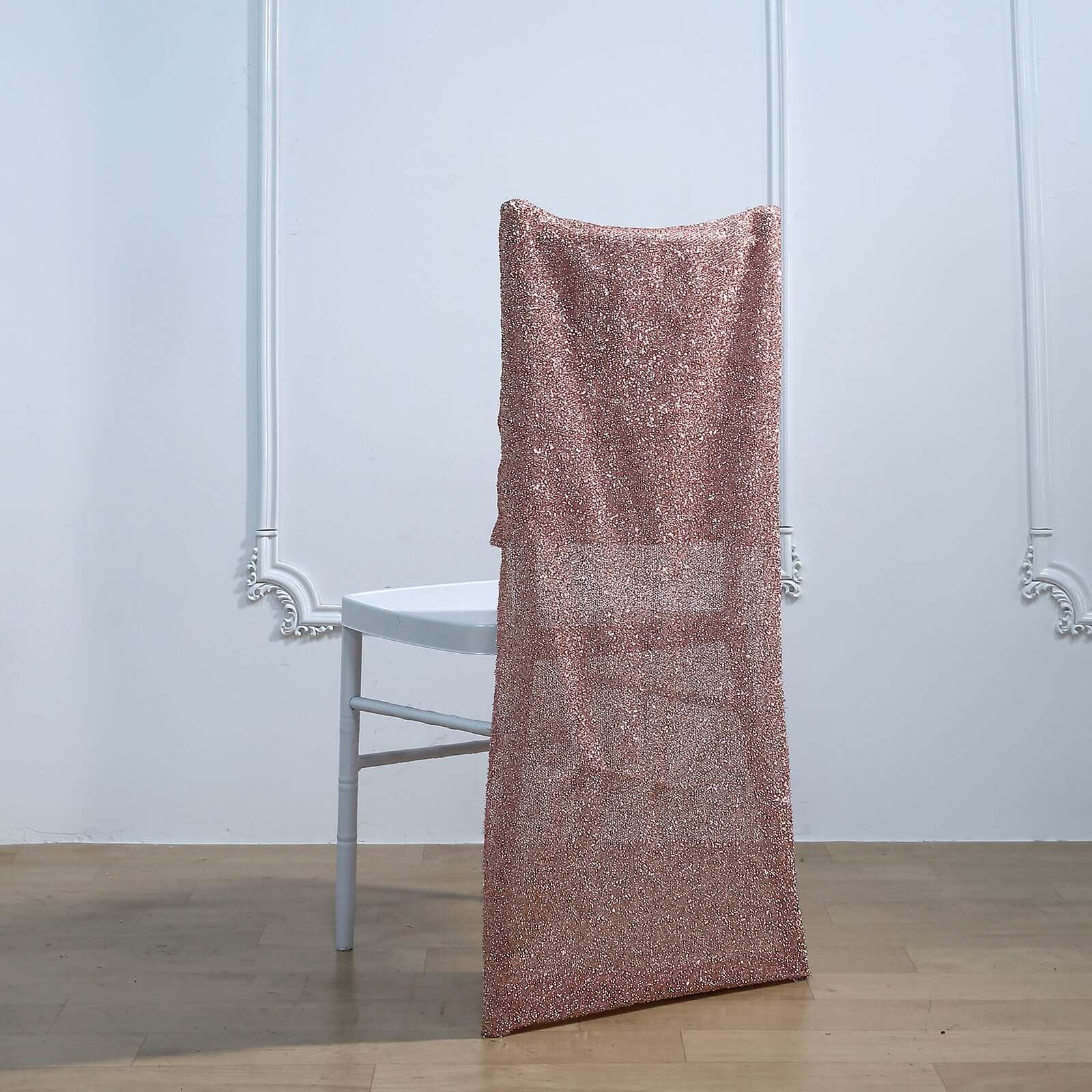 Stretch Spandex Chair Back Slipcover with Metallic Shimmer Tinsel Rose Gold - Wrinkle-Resistant Chiavari Chair Back Cover - Image 11