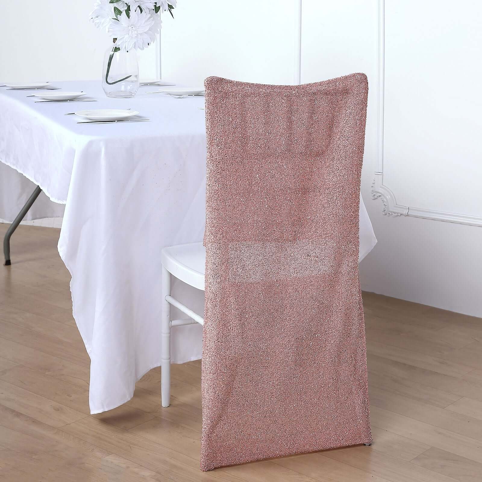 Stretch Spandex Chair Back Slipcover with Metallic Shimmer Tinsel Rose Gold - Wrinkle-Resistant Chiavari Chair Back Cover - Image 5