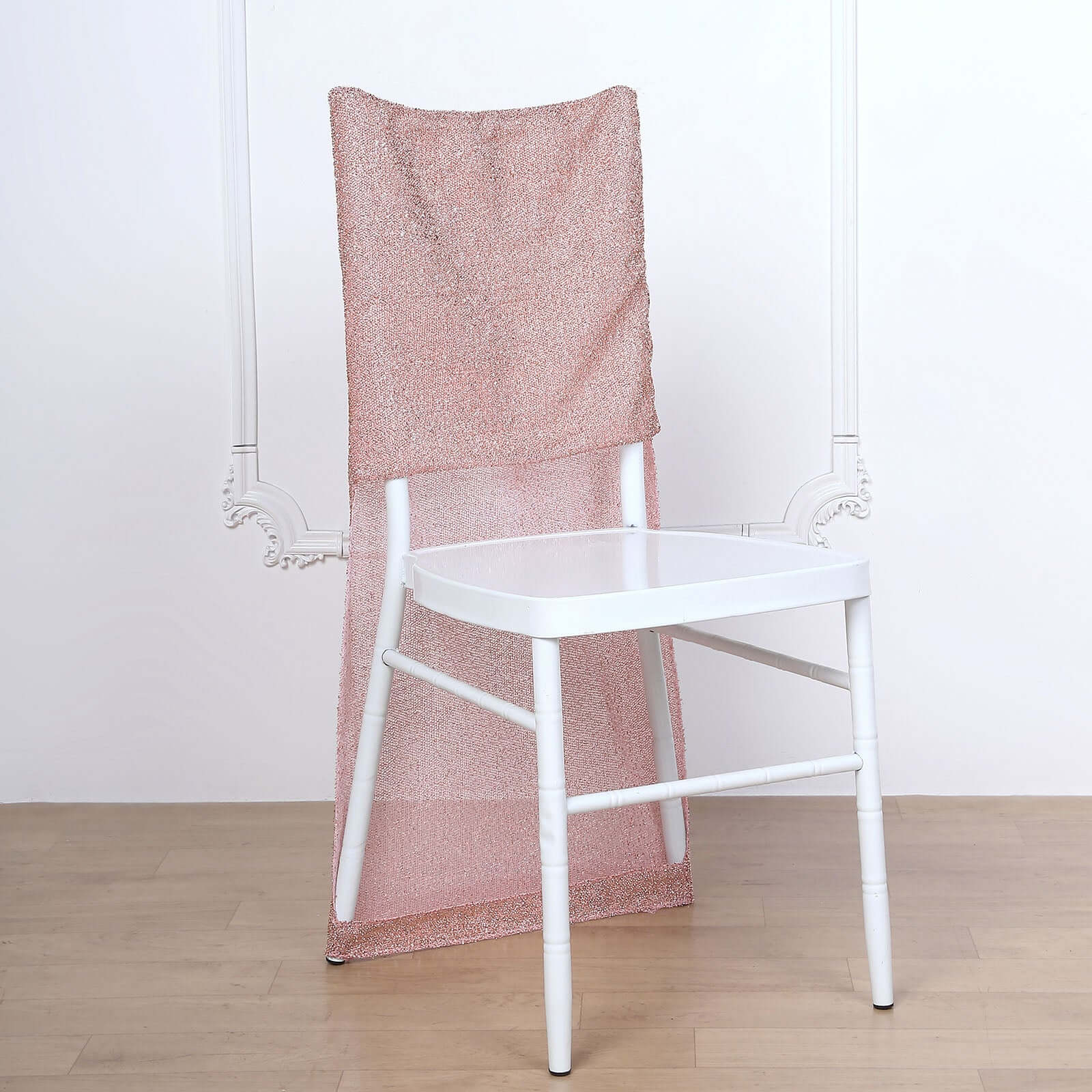 Stretch Spandex Chair Back Slipcover with Metallic Shimmer Tinsel Rose Gold - Wrinkle-Resistant Chiavari Chair Back Cover - Image 9