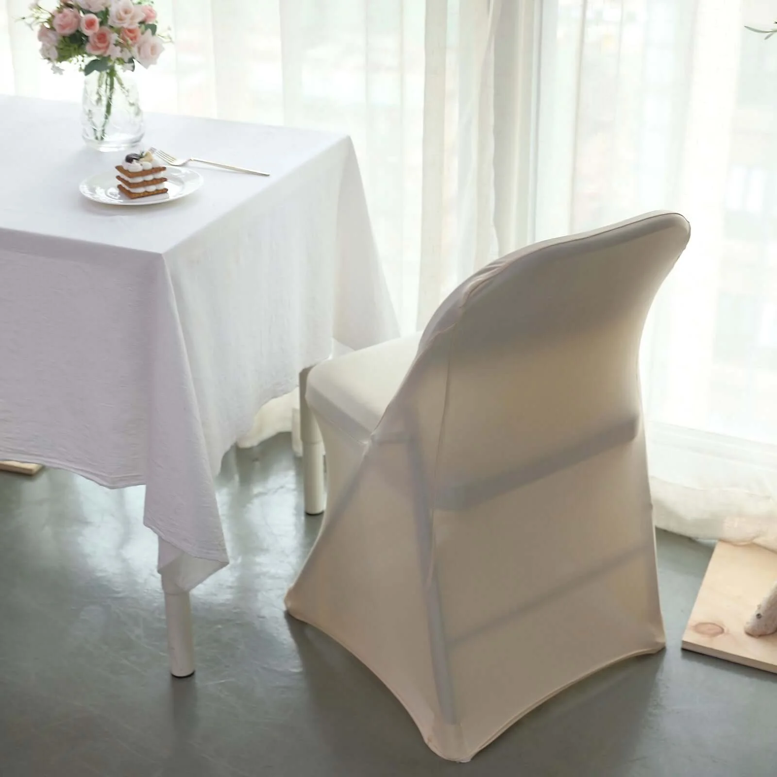 Stretch Spandex Folding Chair Cover Beige - Durable 160GSM Fitted Slipcover - Image 2
