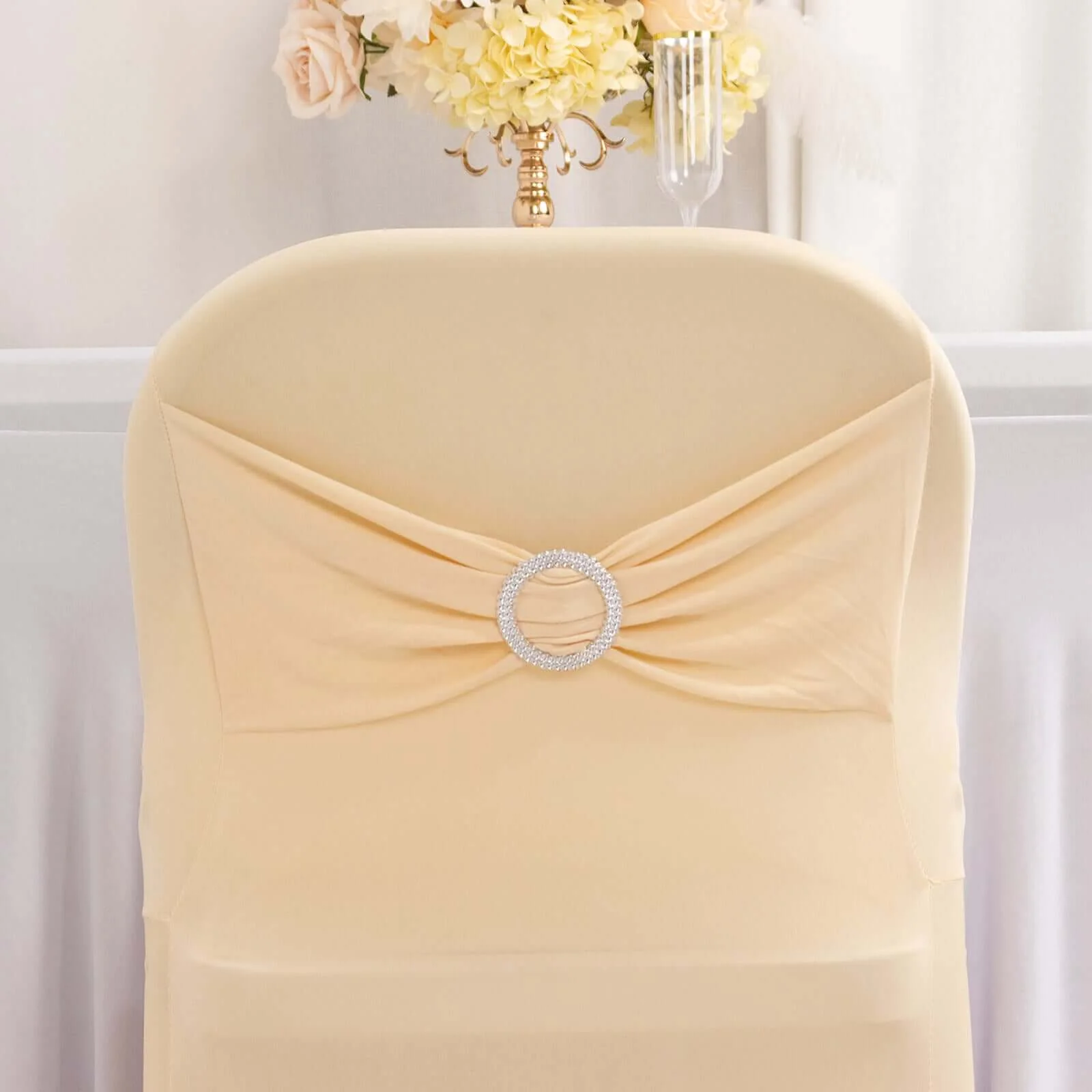 Stretch Spandex Folding Chair Cover Beige - Wrinkle Resistant Fitted Slipcover with Silver Rhinestone Buckled Sash Band Accent - Image 2
