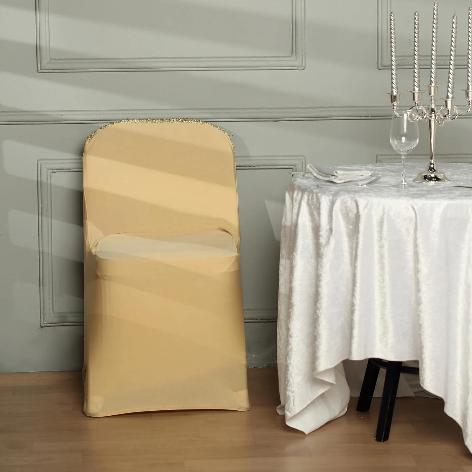 Stretch Spandex Folding Chair Cover Champagne with Metallic Shimmer Tinsel Back Design - Durable Fitted Slipcover with Foot Pockets - Image 2