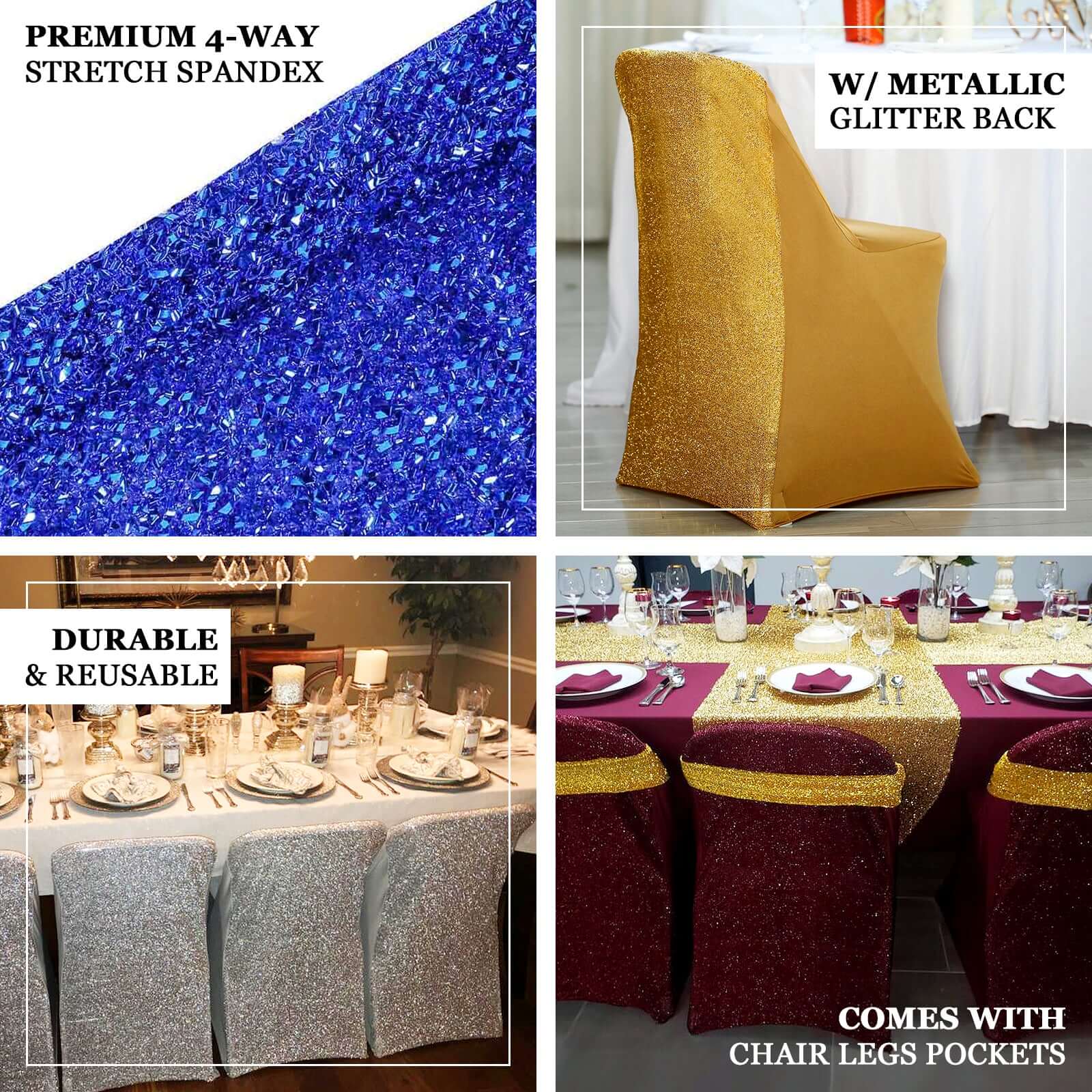 Stretch Spandex Folding Chair Cover Champagne with Metallic Shimmer Tinsel Back Design - Durable Fitted Slipcover with Foot Pockets - Image 4