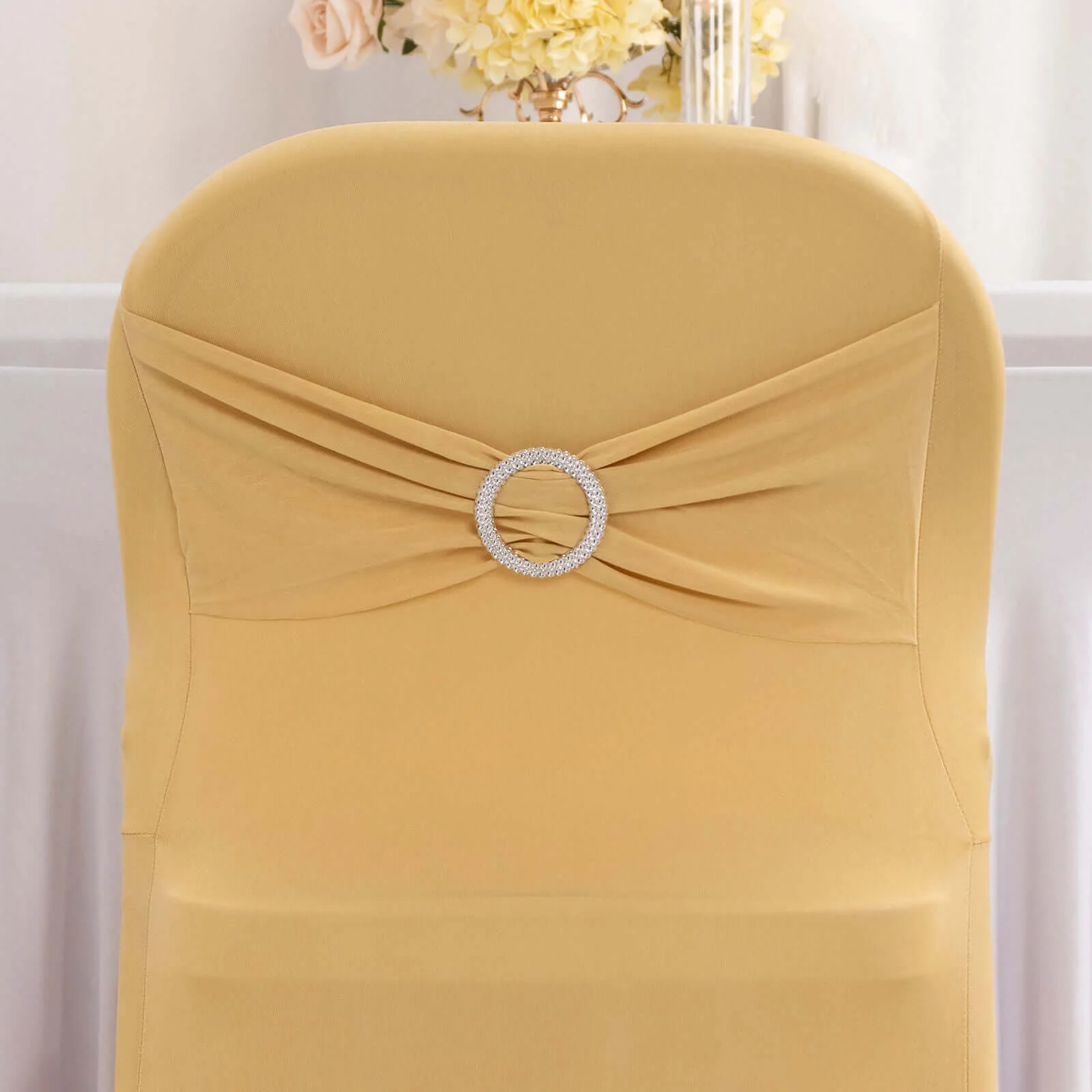 Stretch Spandex Folding Chair Cover Champagne - Wrinkle Resistant Fitted Slipcover with Silver Rhinestone Buckled Sash Band Accent - Image 2