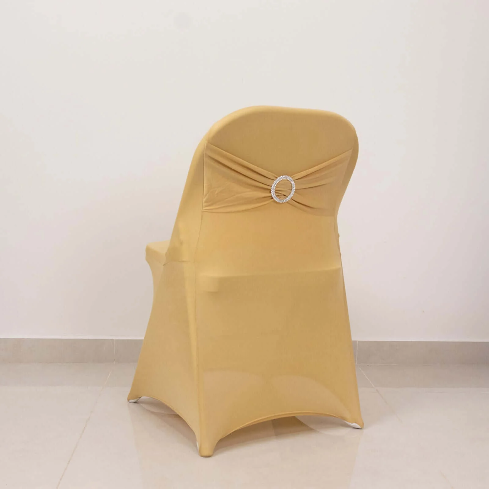 Stretch Spandex Folding Chair Cover Champagne - Wrinkle Resistant Fitted Slipcover with Silver Rhinestone Buckled Sash Band Accent - Image 3