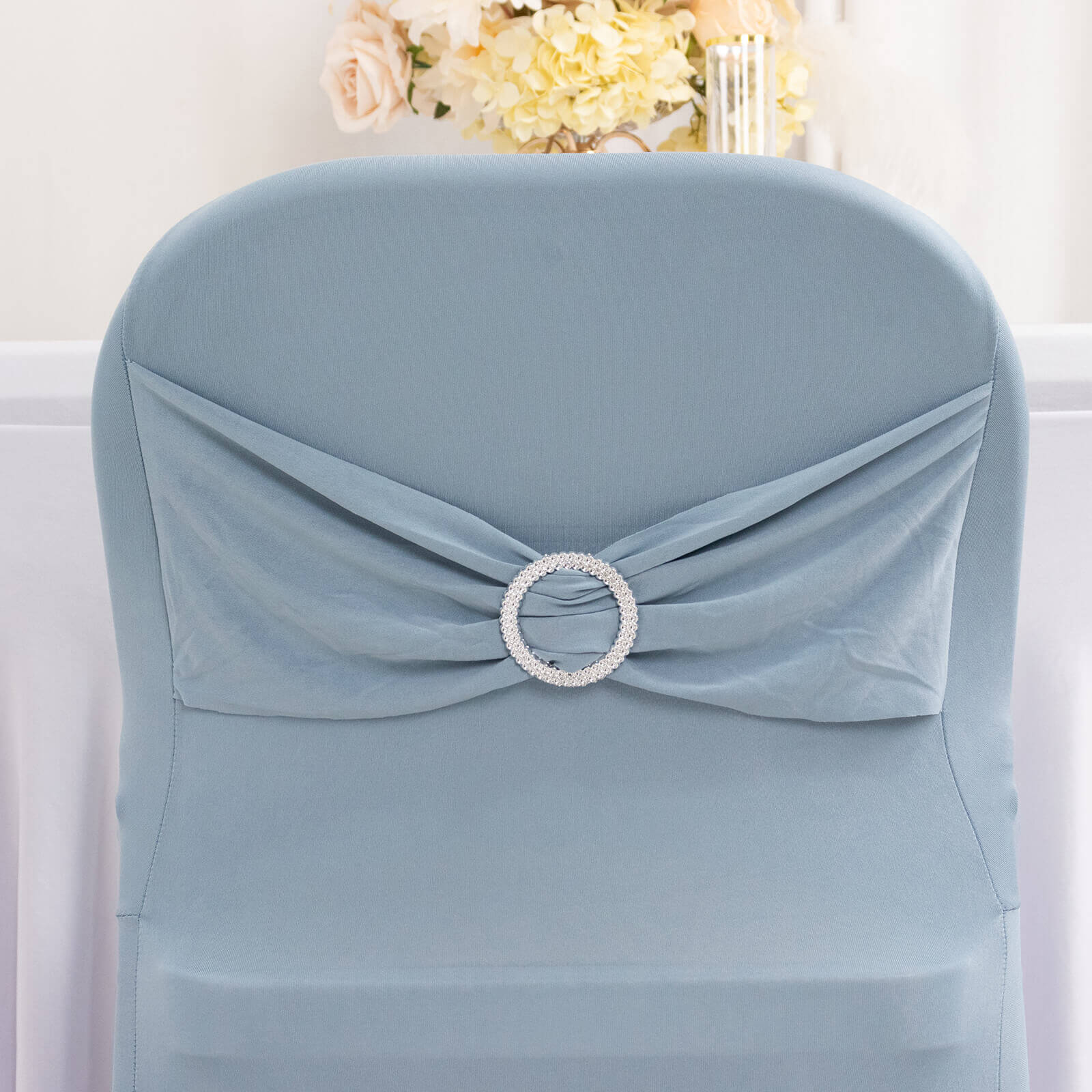 Stretch Spandex Folding Chair Cover Dusty Blue - Wrinkle Resistant Fitted Slipcover with Silver Rhinestone Buckled Sash Band Accent - Image 2
