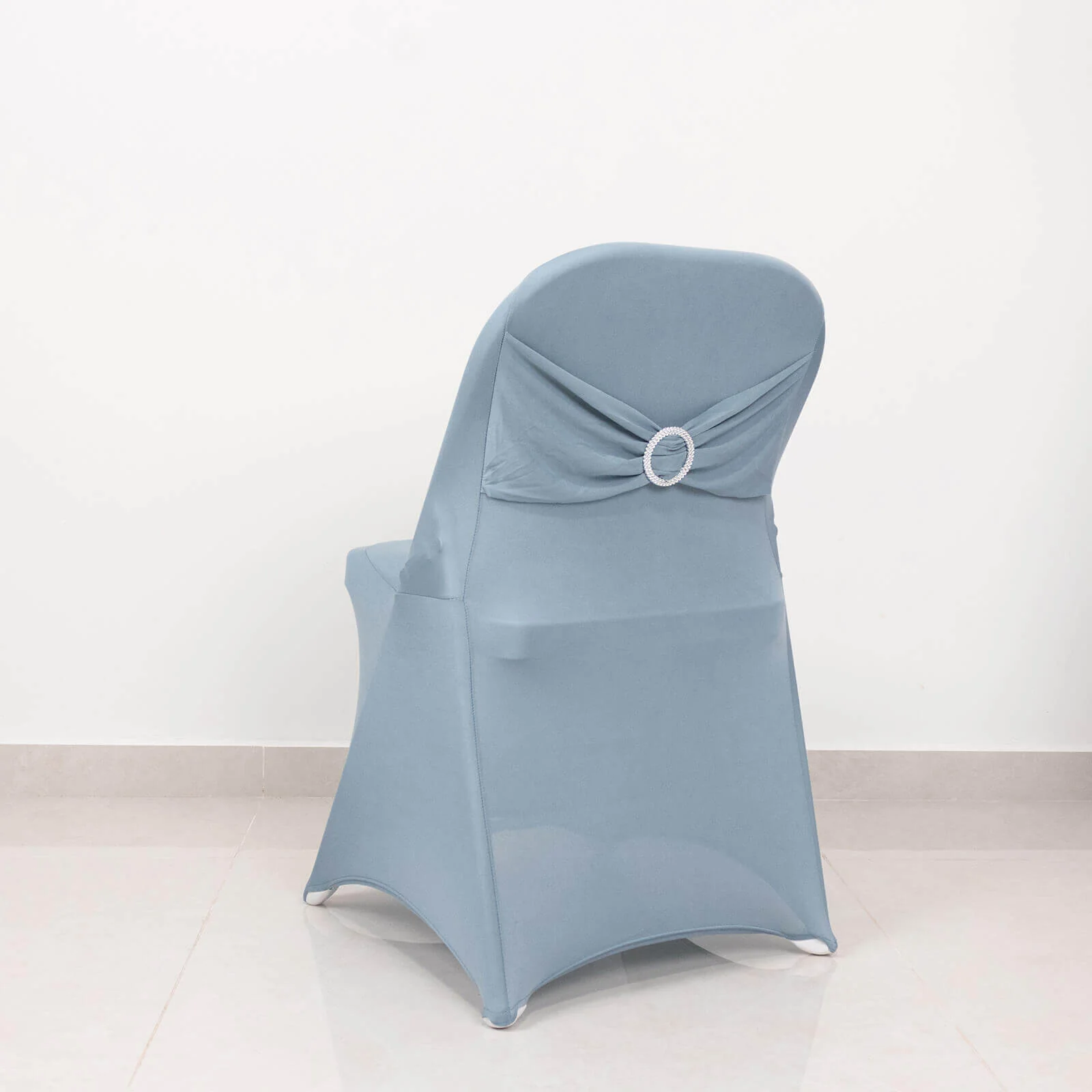 Stretch Spandex Folding Chair Cover Dusty Blue - Wrinkle Resistant Fitted Slipcover with Silver Rhinestone Buckled Sash Band Accent - Image 3