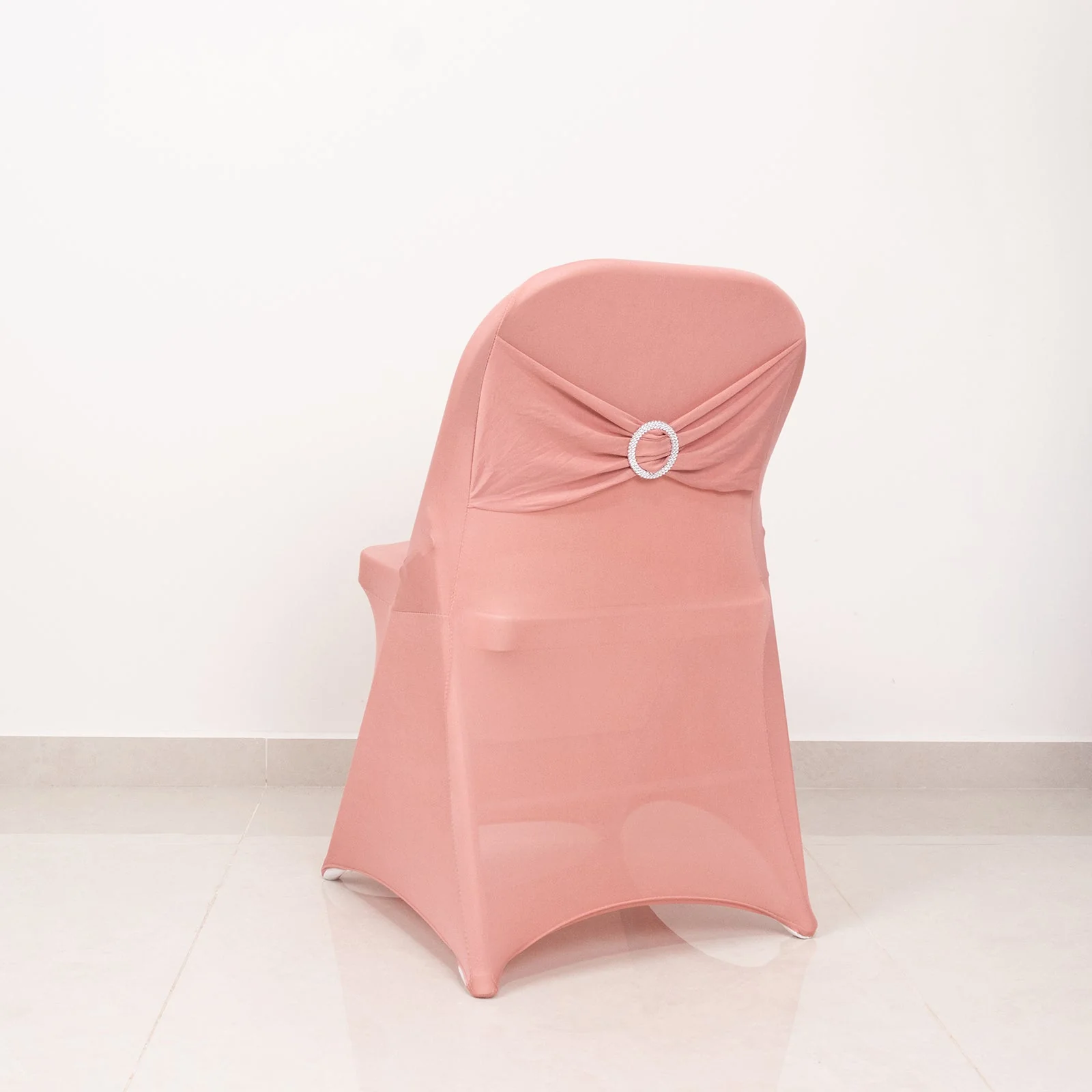 Stretch Spandex Folding Chair Cover Dusty Rose - Wrinkle Resistant Fitted Slipcover with Silver Rhinestone Buckled Sash Band Accent