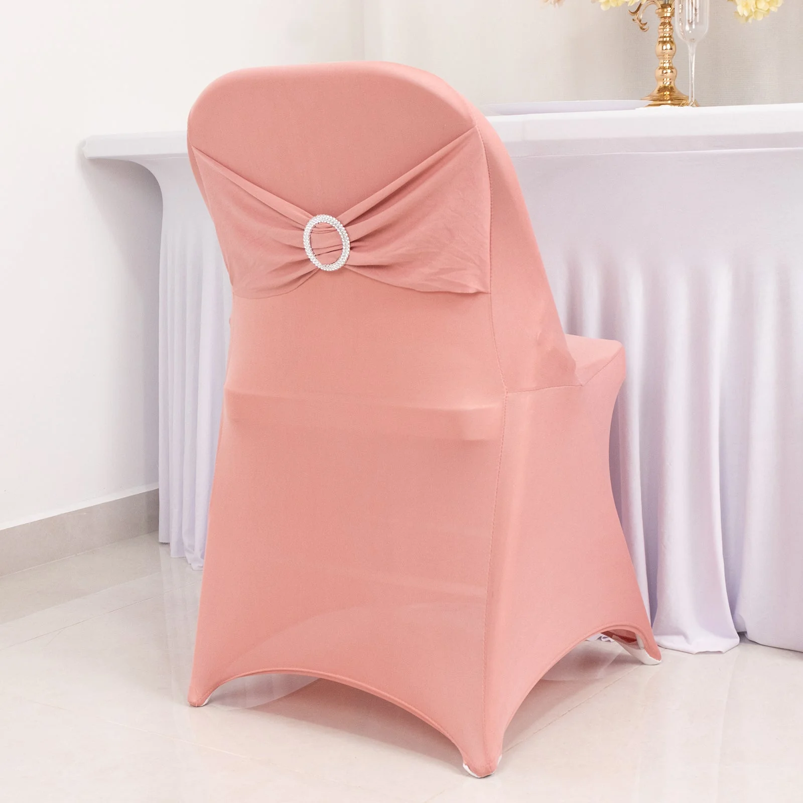Stretch Spandex Folding Chair Cover Dusty Rose - Wrinkle Resistant Fitted Slipcover with Silver Rhinestone Buckled Sash Band Accent - Image 2