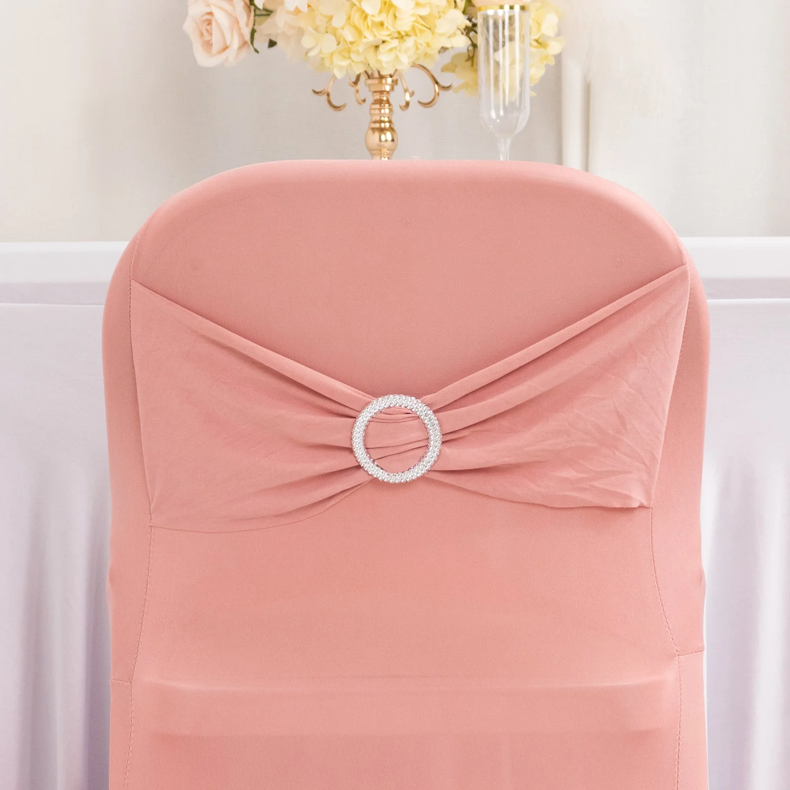Stretch Spandex Folding Chair Cover Dusty Rose - Wrinkle Resistant Fitted Slipcover with Silver Rhinestone Buckled Sash Band Accent - Image 3