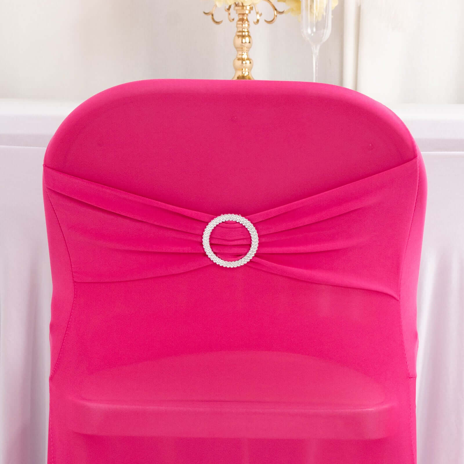 Stretch Spandex Folding Chair Cover Fuchsia - Wrinkle Resistant Fitted Slipcover with Silver Rhinestone Buckled Sash Band Accent - Image 2