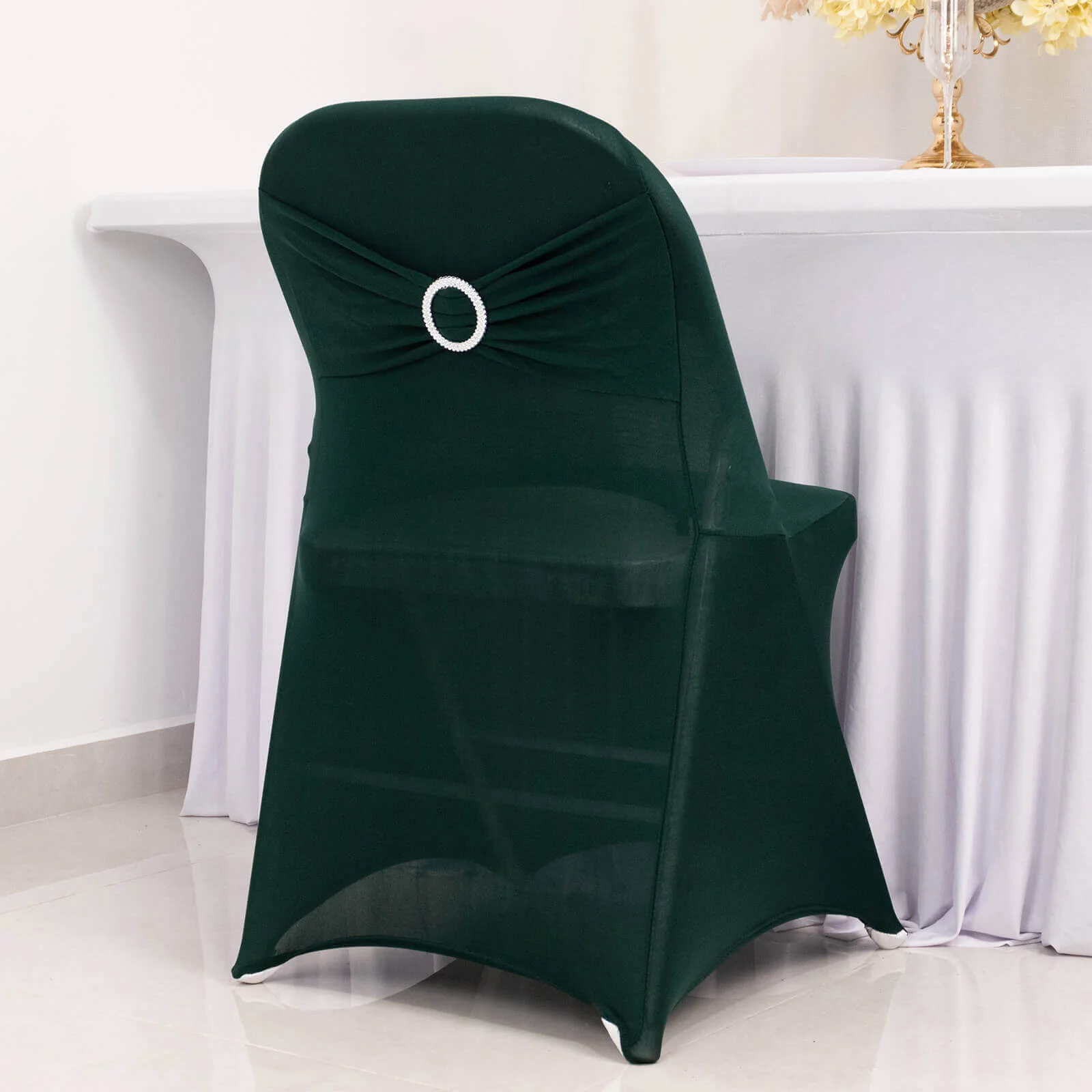 Stretch Spandex Folding Chair Cover Hunter Emerald Green - Wrinkle Resistant Fitted Slipcover with Silver Rhinestone Buckled Sash Band Accent