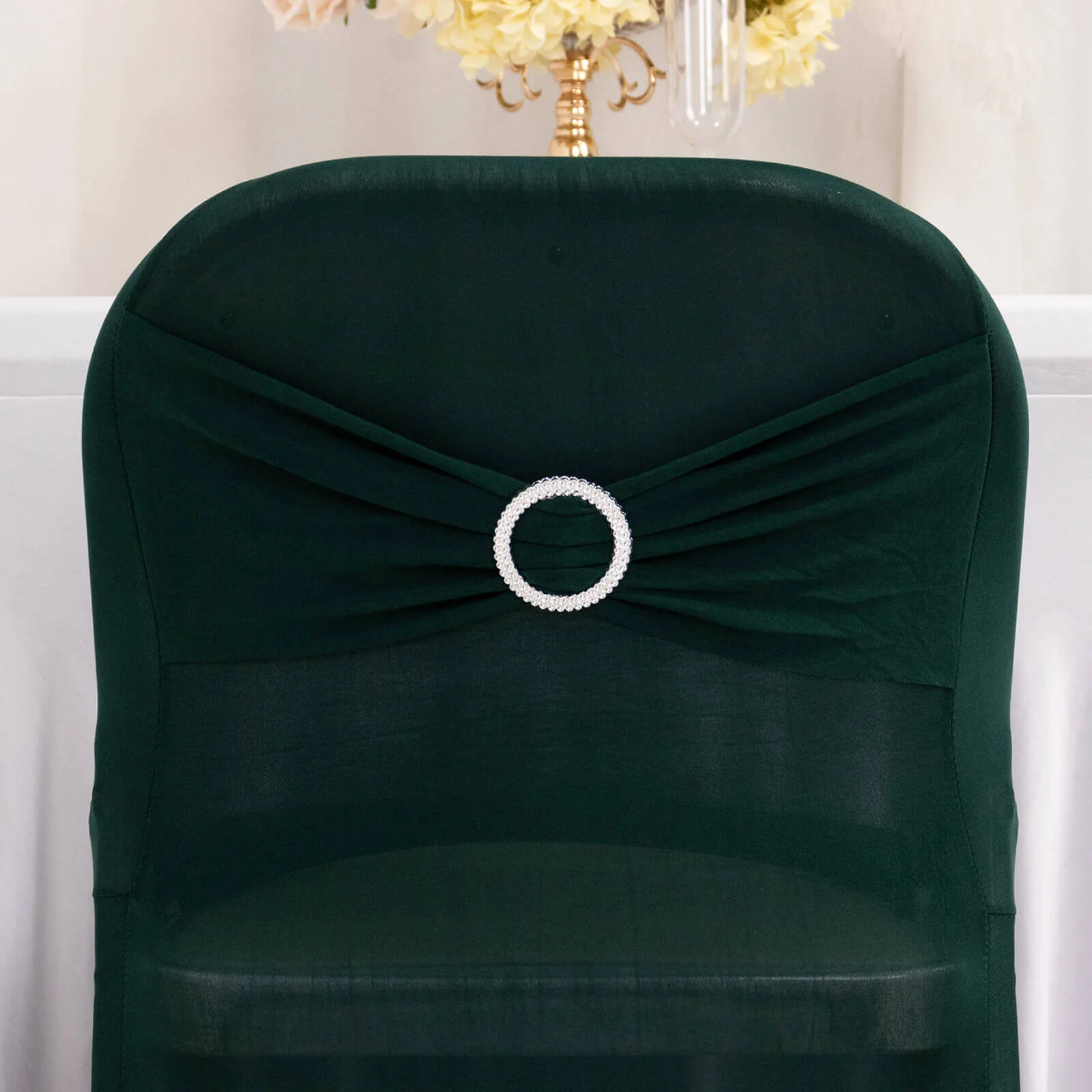 Stretch Spandex Folding Chair Cover Hunter Emerald Green - Wrinkle Resistant Fitted Slipcover with Silver Rhinestone Buckled Sash Band Accent - Image 2