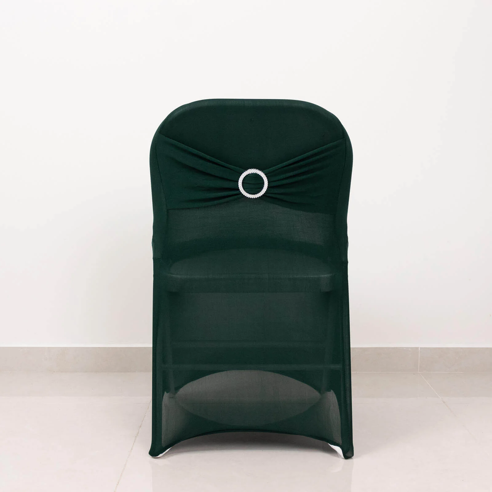 Stretch Spandex Folding Chair Cover Hunter Emerald Green - Wrinkle Resistant Fitted Slipcover with Silver Rhinestone Buckled Sash Band Accent - Image 3