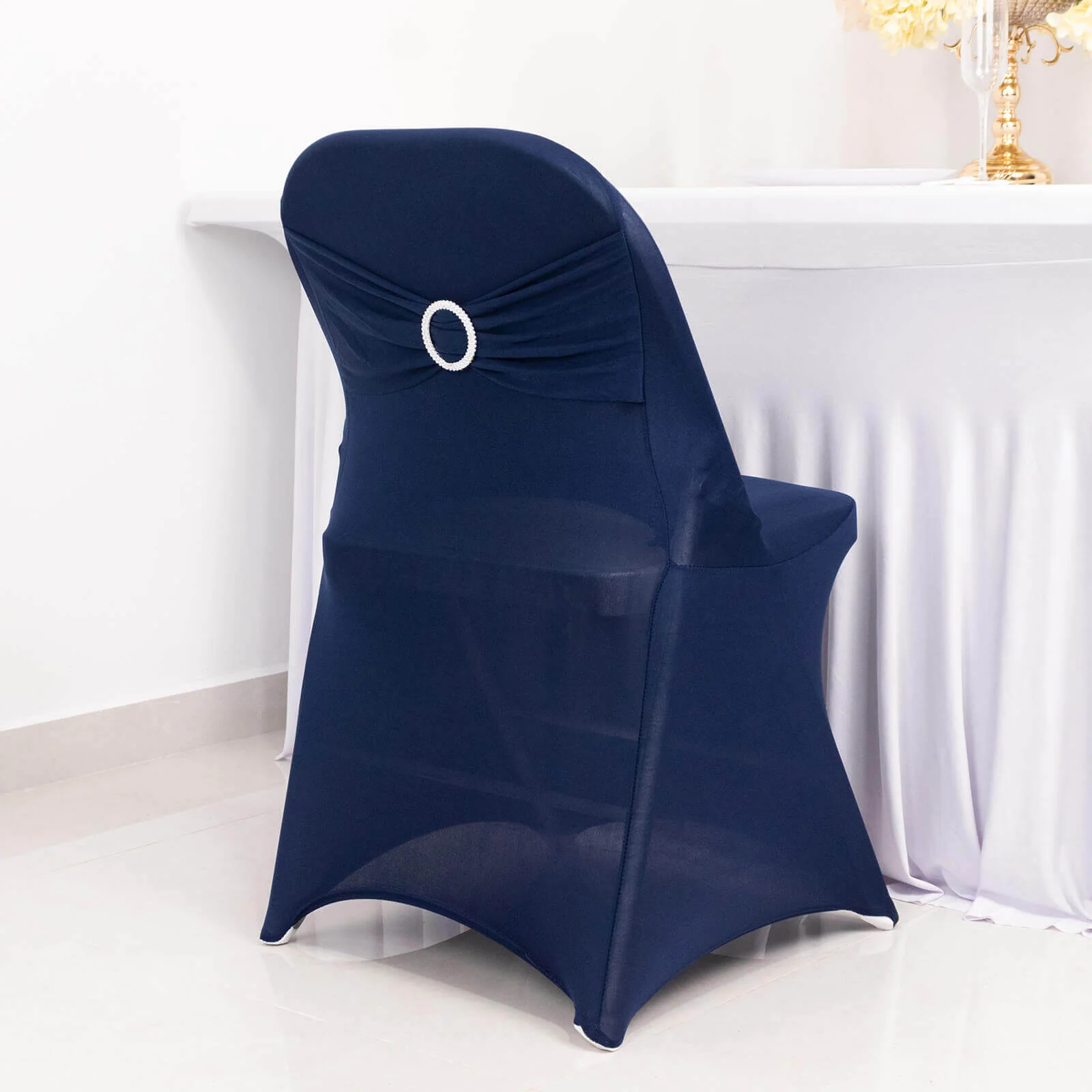 Stretch Spandex Folding Chair Cover Navy Blue - Wrinkle Resistant Fitted Slipcover with Silver Rhinestone Buckled Sash Band Accent