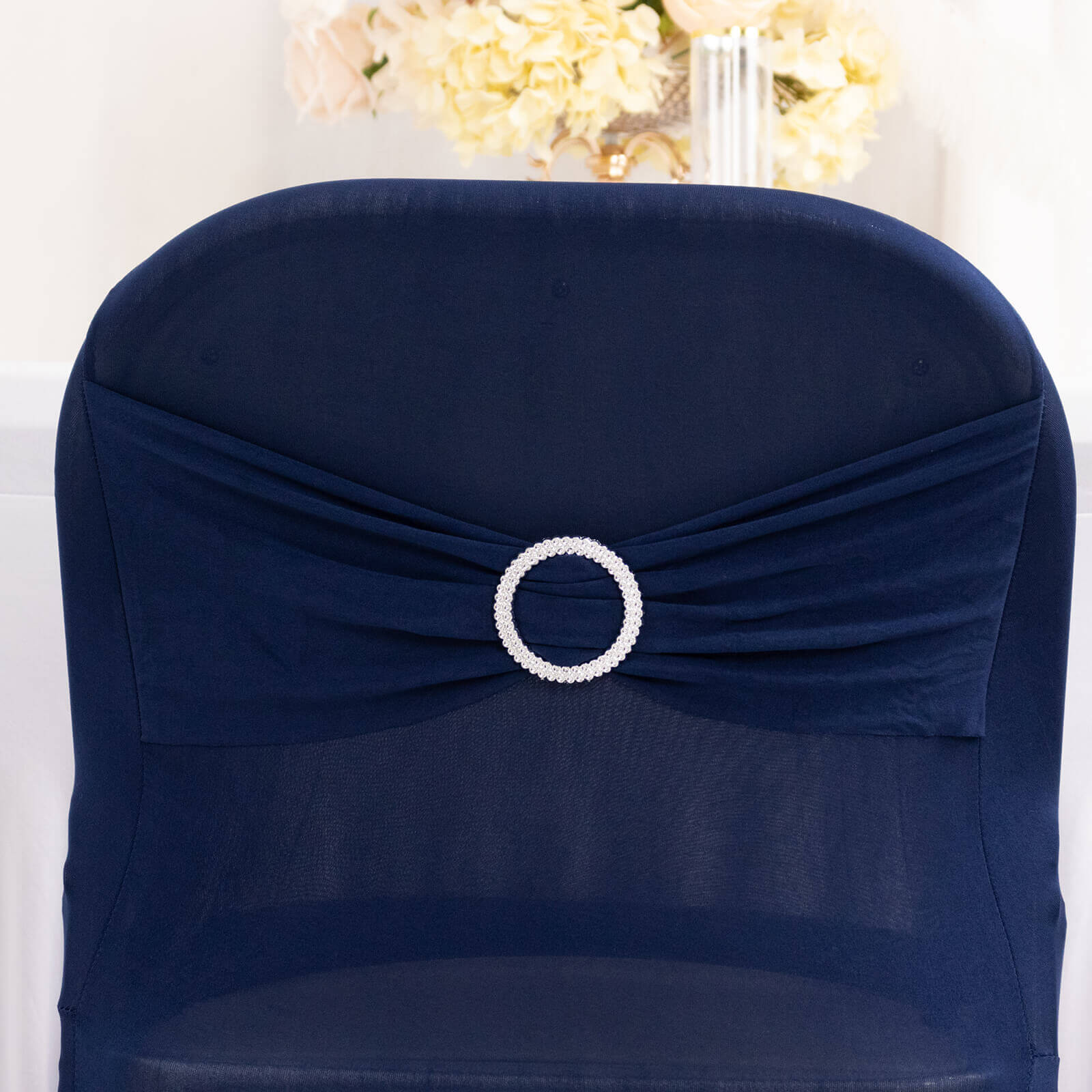 Stretch Spandex Folding Chair Cover Navy Blue - Wrinkle Resistant Fitted Slipcover with Silver Rhinestone Buckled Sash Band Accent - Image 2