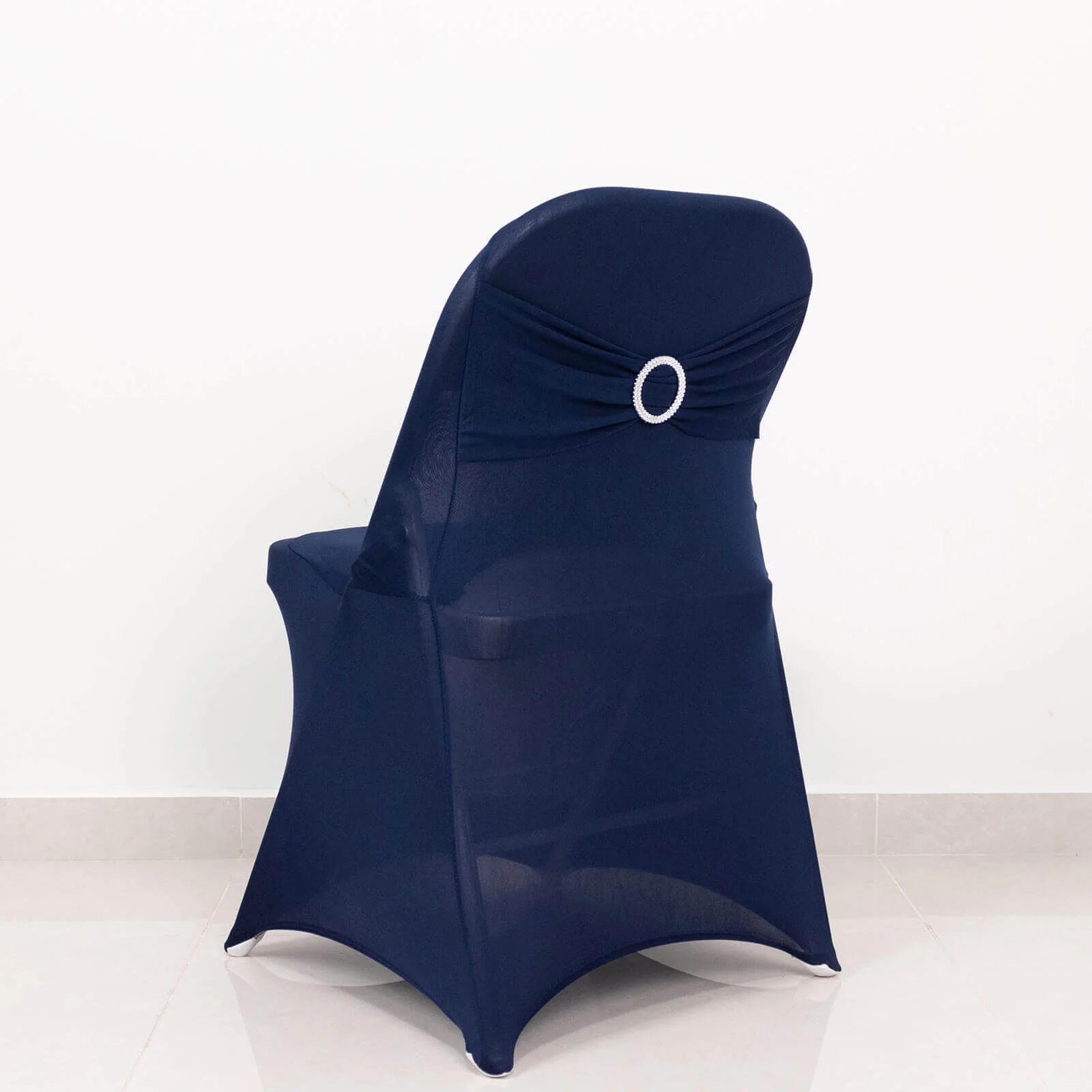 Stretch Spandex Folding Chair Cover Navy Blue - Wrinkle Resistant Fitted Slipcover with Silver Rhinestone Buckled Sash Band Accent - Image 3