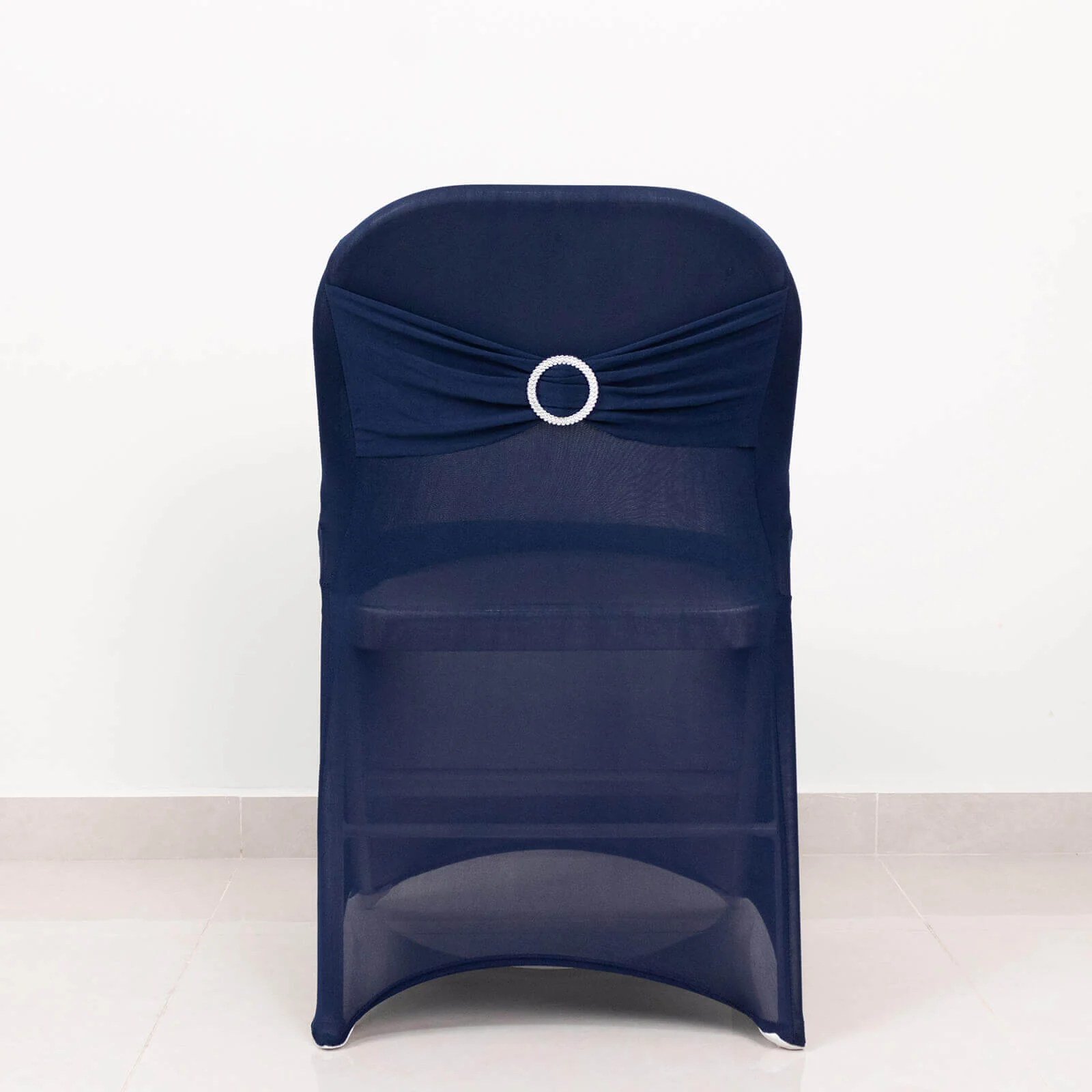 Stretch Spandex Folding Chair Cover Navy Blue - Wrinkle Resistant Fitted Slipcover with Silver Rhinestone Buckled Sash Band Accent - Image 8