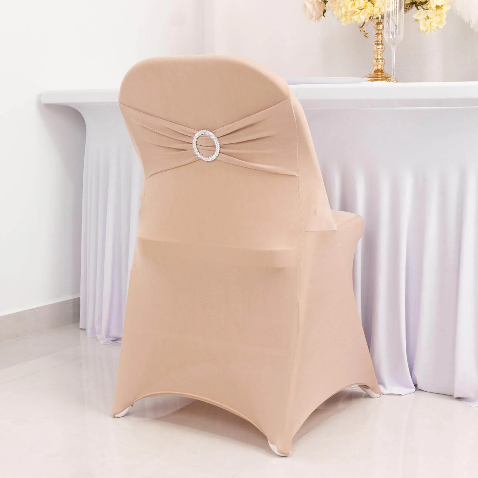 Stretch Spandex Folding Chair Cover Nude - Wrinkle Resistant Fitted Slipcover with Silver Rhinestone Buckled Sash Band Accent